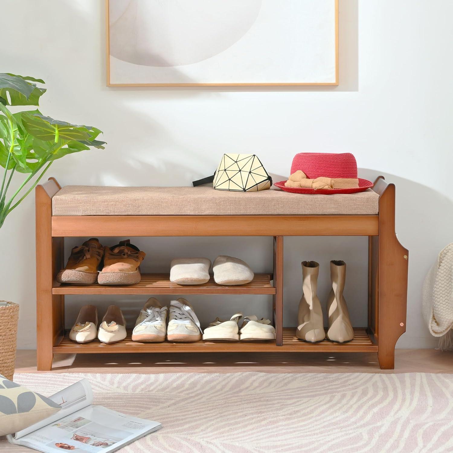 Bamboo 2-Tier Shoe Storage Bench with Hidden Drawer