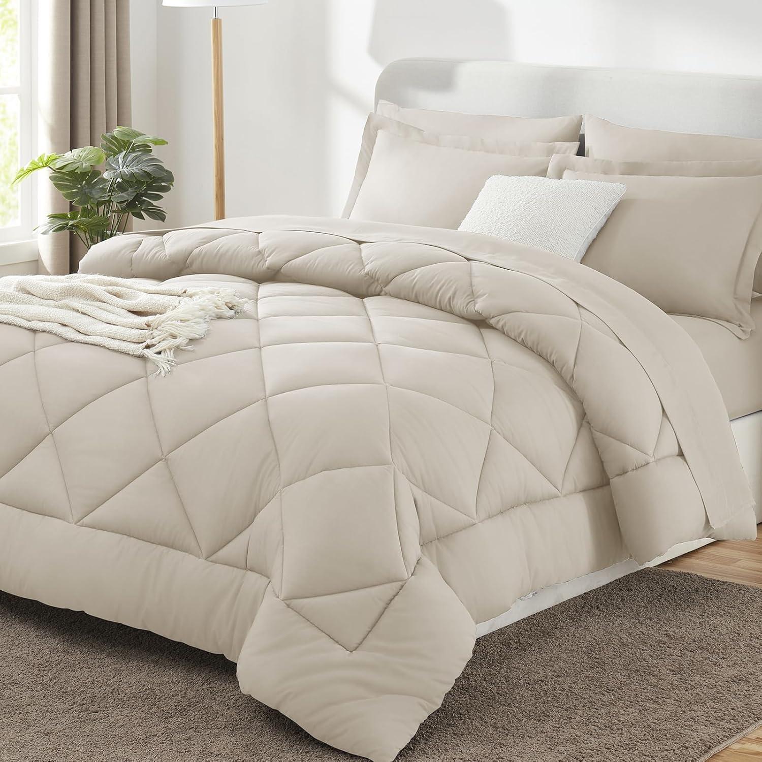 Cozy Comfort Beige Comforter Set - 7 Pieces Reversible Bed in a Bag with Comforters, Sheets, Pillowcases & Shams, Bedding Sets