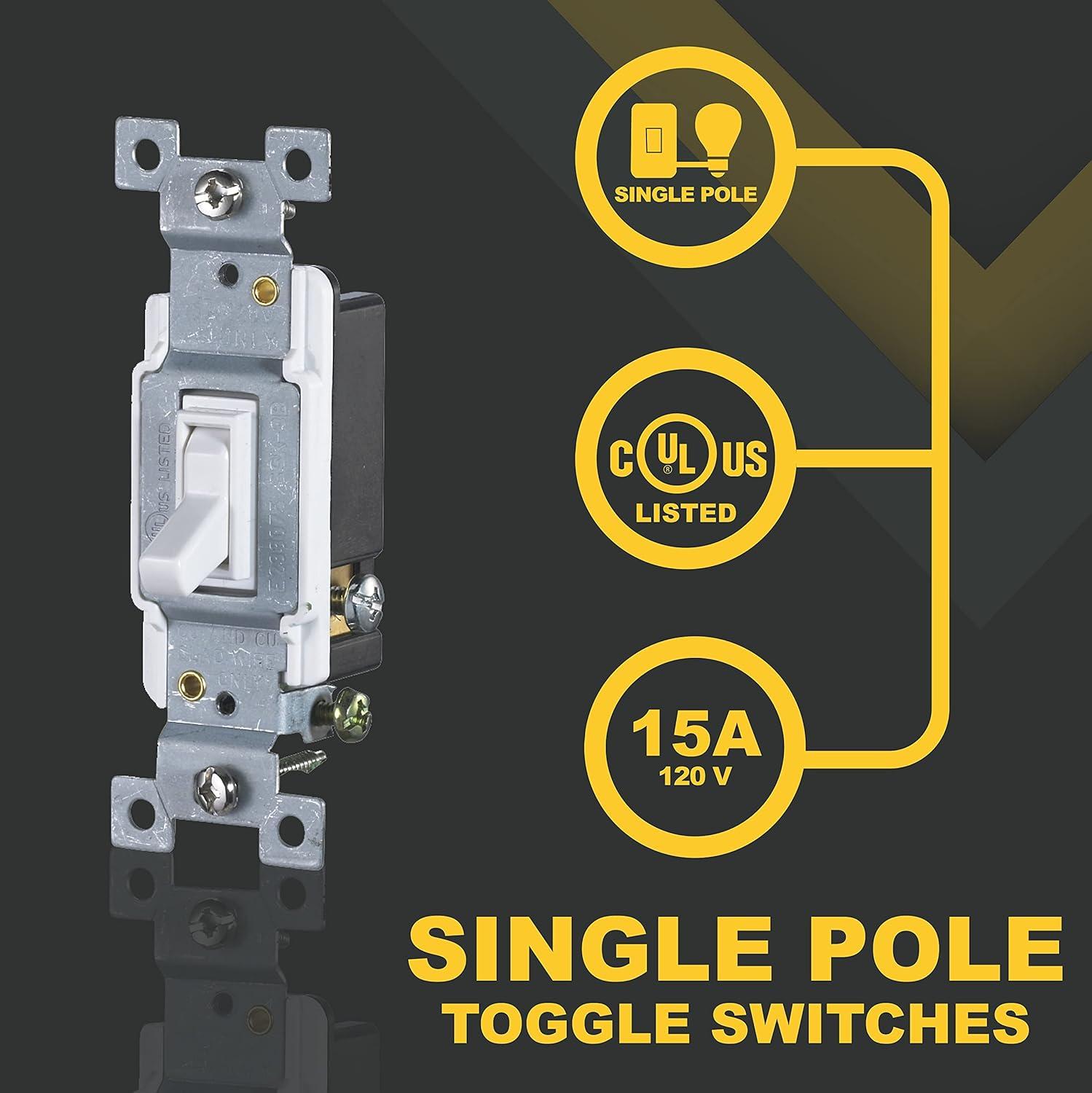 Faith White Toggle Light Switch, Single Pole Standard Wall Switch, 15 Amp Switch Toggle, Grounding Screw, 120V, 10 Pack