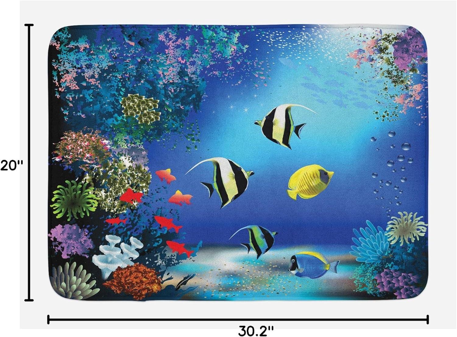 Underwater Bath Mat, Tropical Undersea with Colorful Fishes Swimming in the Ocean Coral Reefs Artsy Image, Non-Slip Plush Mat Bathroom Kitchen Laundry Room Decor, 29.5 X 17.5 Inches, Blue, Ambesonne