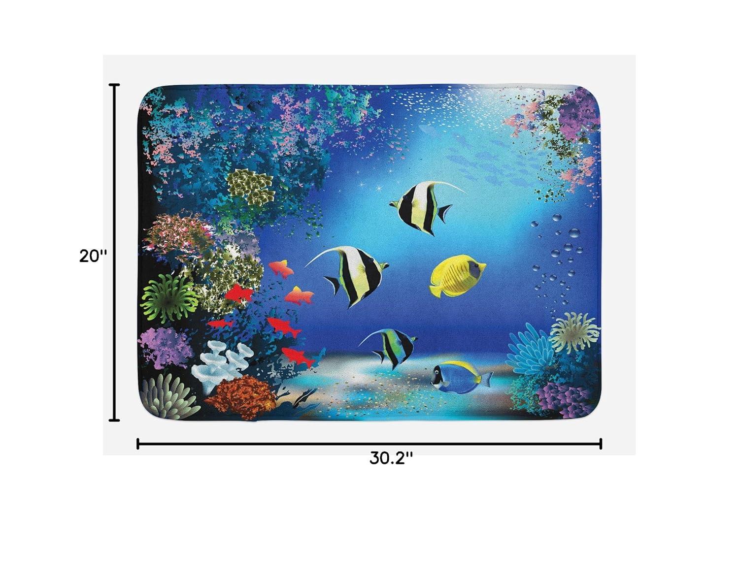 Underwater Bath Mat, Tropical Undersea with Colorful Fishes Swimming in the Ocean Coral Reefs Artsy Image, Non-Slip Plush Mat Bathroom Kitchen Laundry Room Decor, 29.5 X 17.5 Inches, Blue, Ambesonne