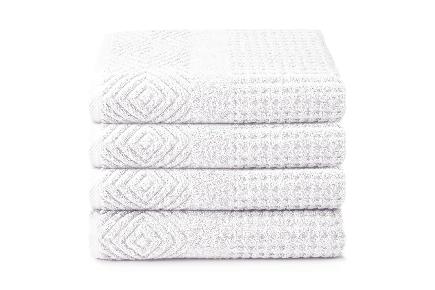 Texere 100% Organic Cotton Diamond Jacquard 700 GSM Luxury Bath Towel Sets - Ultra Soft and Absorbent Hotel and Spa Quality (Diamond, Bright White, 4 Bath Towels)