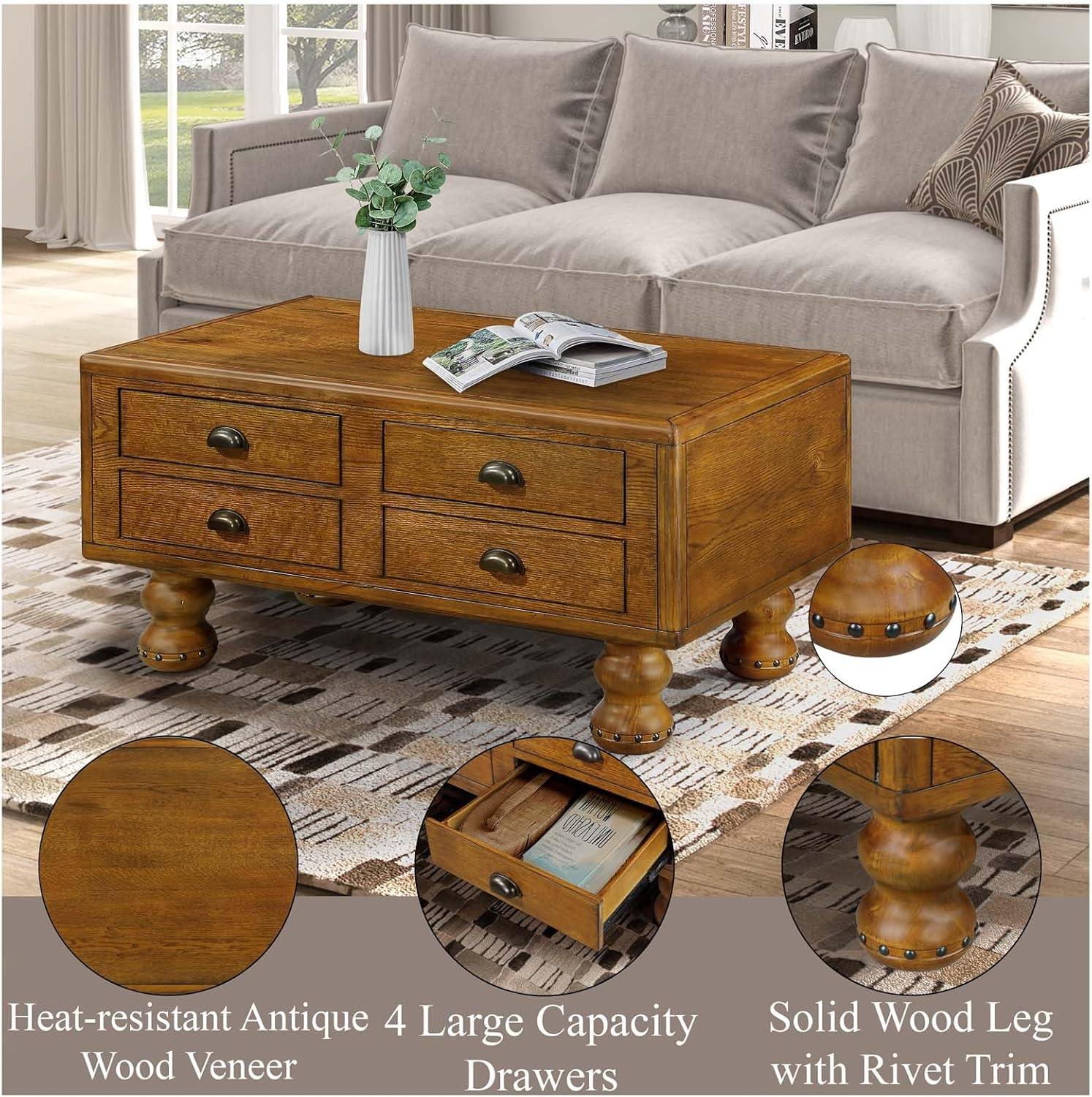 LKTART Wood Coffee Table with Storage Drawers, Vintage Rectangular Coffee Table for Living Room, Distressed Center Table with Rivet Decoration Legs(Rustic Brown, 40 inch)