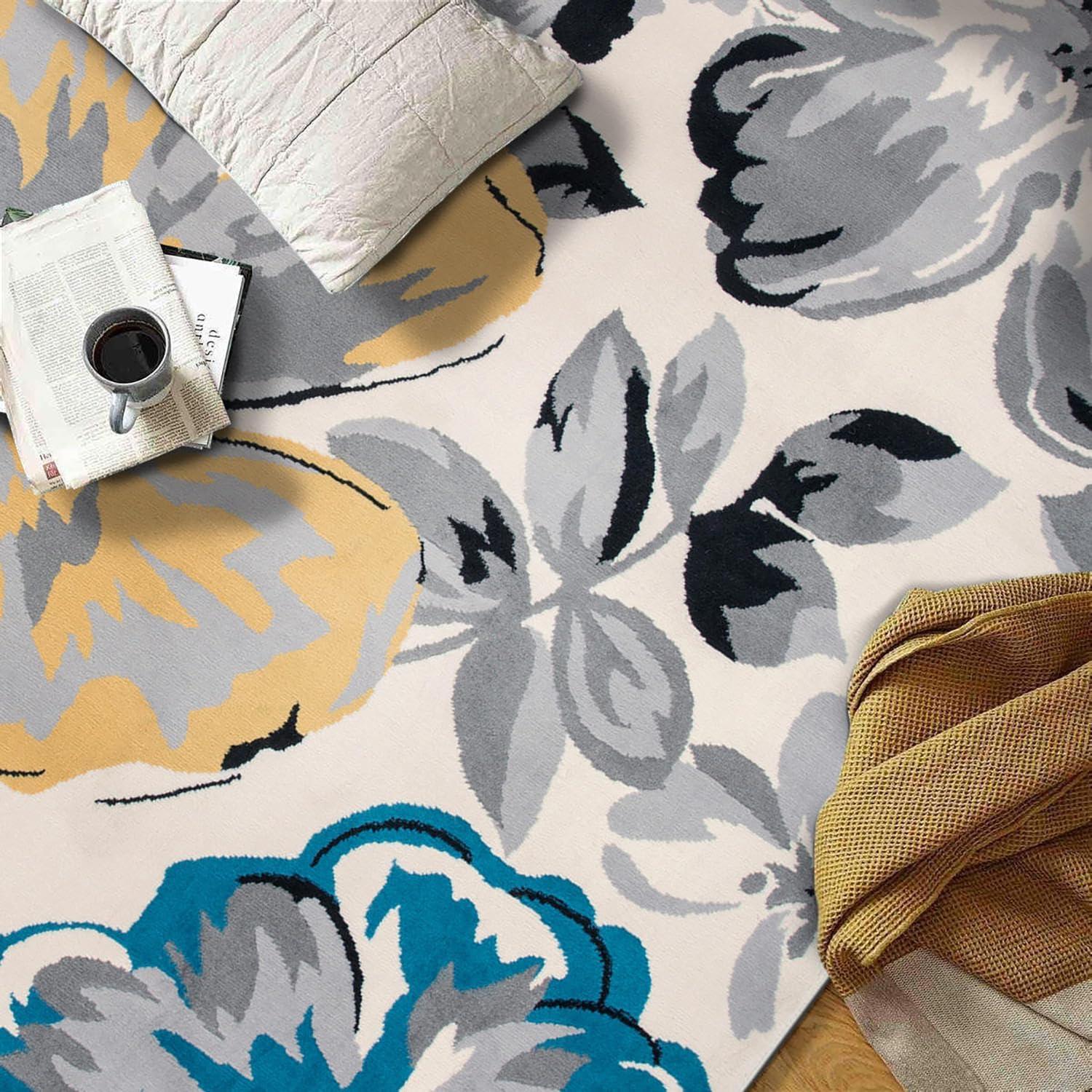 Cream Floral 9' x 12' Synthetic Rectangular Area Rug