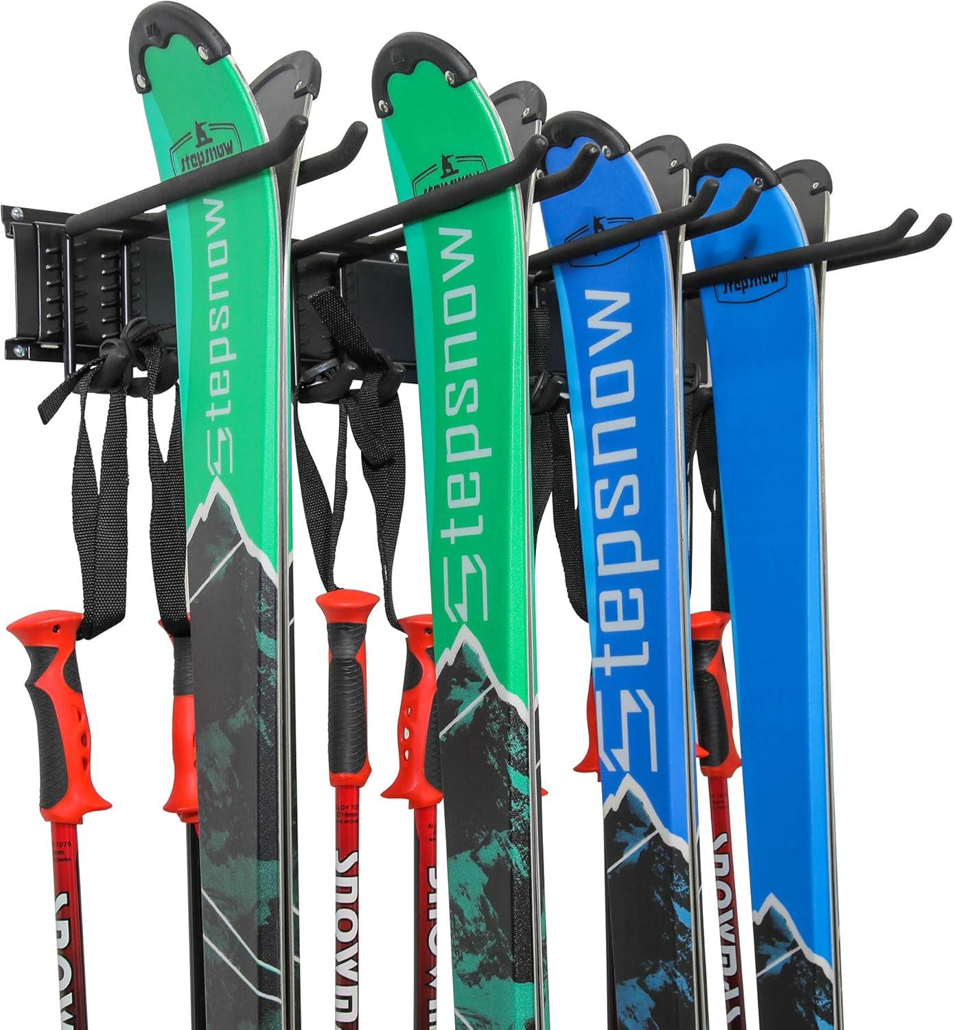 RaxGo Ski Rack, Ski Wall Mount Holds 4 Pairs of Skis & Skiing Poles or Snowboard, for Home & Garage