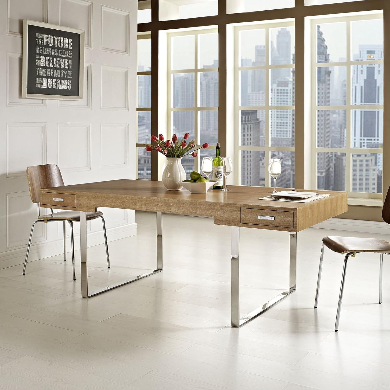 Modway Tinker Modern Stainless Steel & Wood Office Desk in Walnut