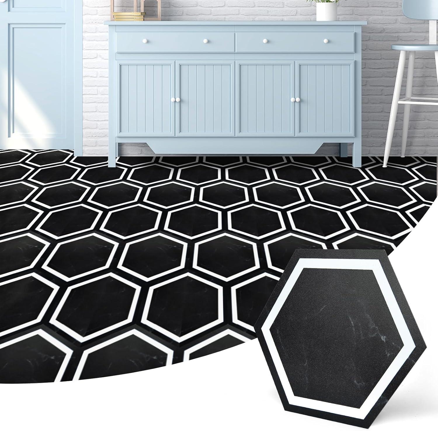 Black Marble Hexagon Peel and Stick Waterproof Vinyl Floor Tiles