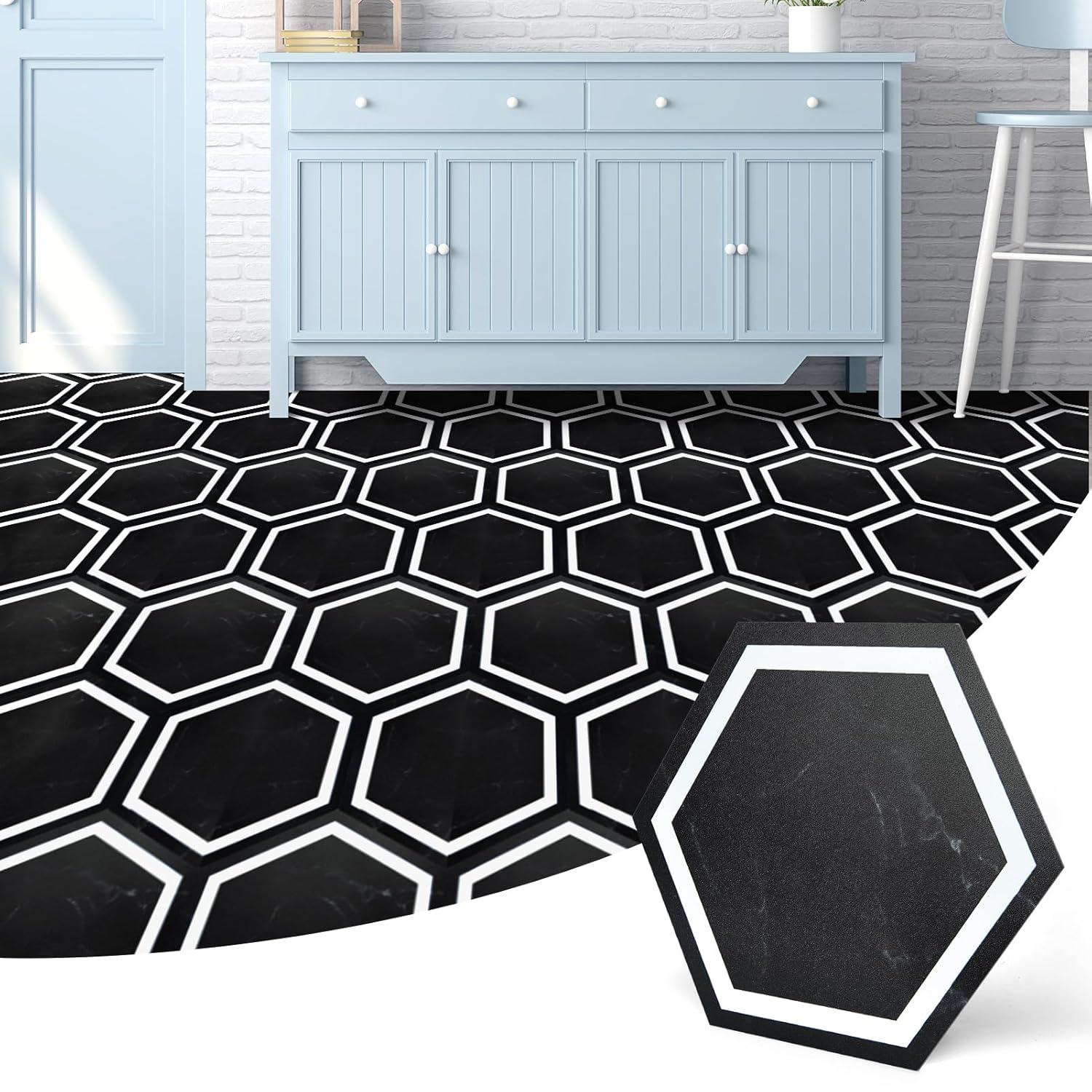 Art3d 30-Pack 11.8" x 10.2" Black Marble Hexagon Peel and Stick Flooring Tile, Self Adhesive Waterproof Vinyl Floor Tile
