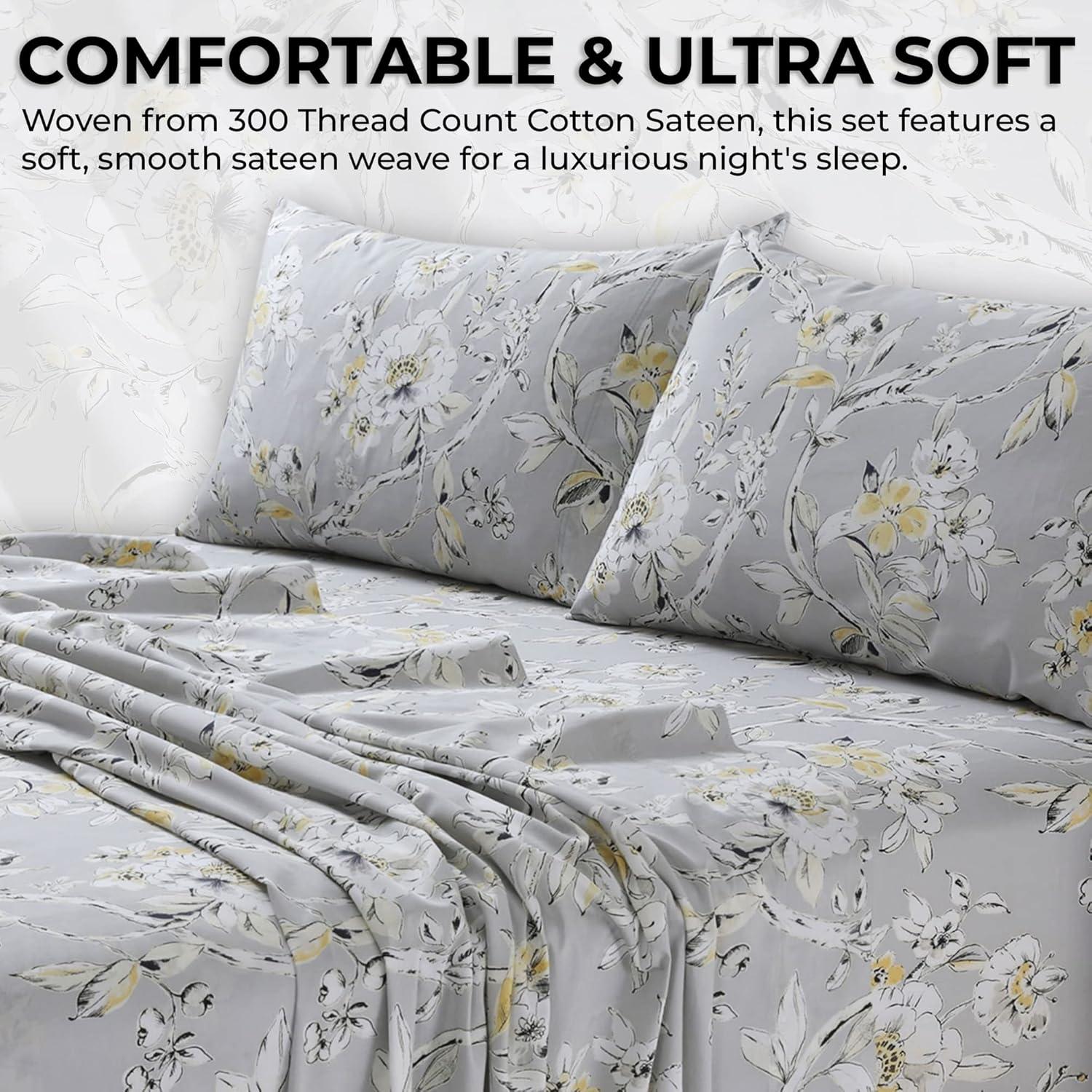 Tribeca Living Tribeca Living Printed 300 Thread Count Sheets 100% Egyptian-Quality Cotton With Sateen Weave Floral Sheet Set