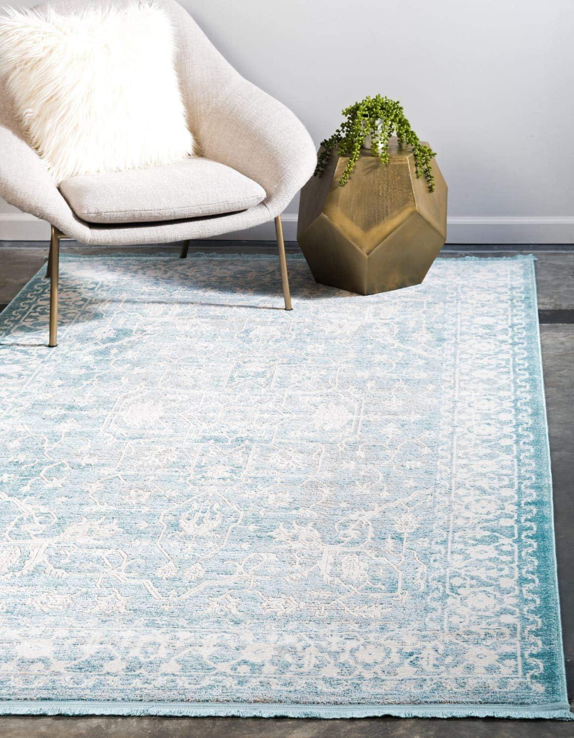 Elegant Light Blue and Ivory Abstract Indoor Area Rug, 7' x 10'