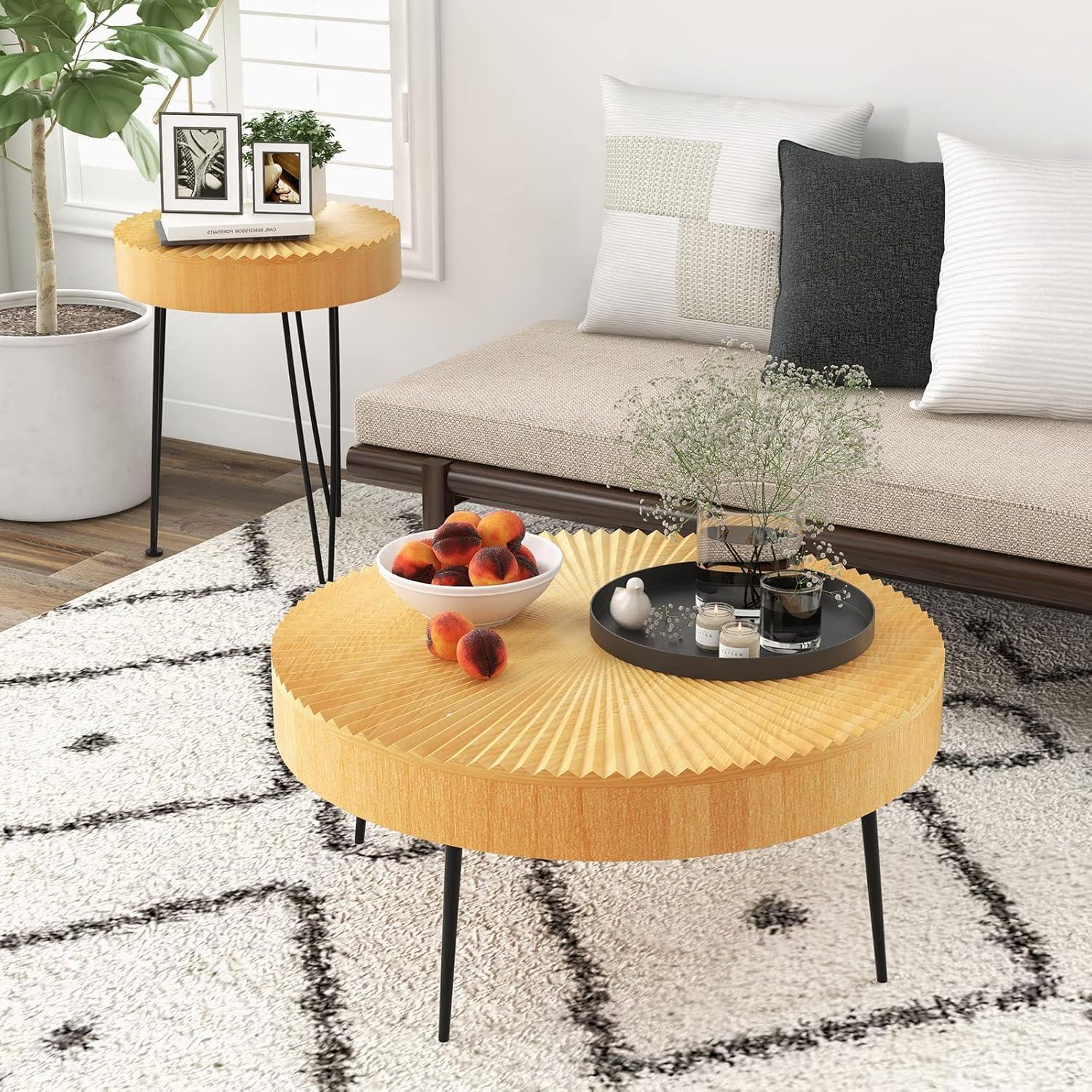 Round Natural Wood Farmhouse Nesting Coffee Table Set