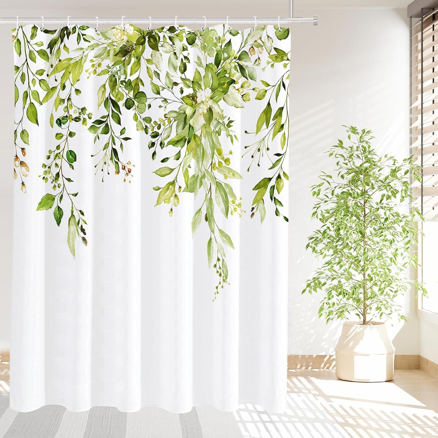 Eucalyptus Watercolor Leaves Semi-Sheer Waterproof Shower Curtain