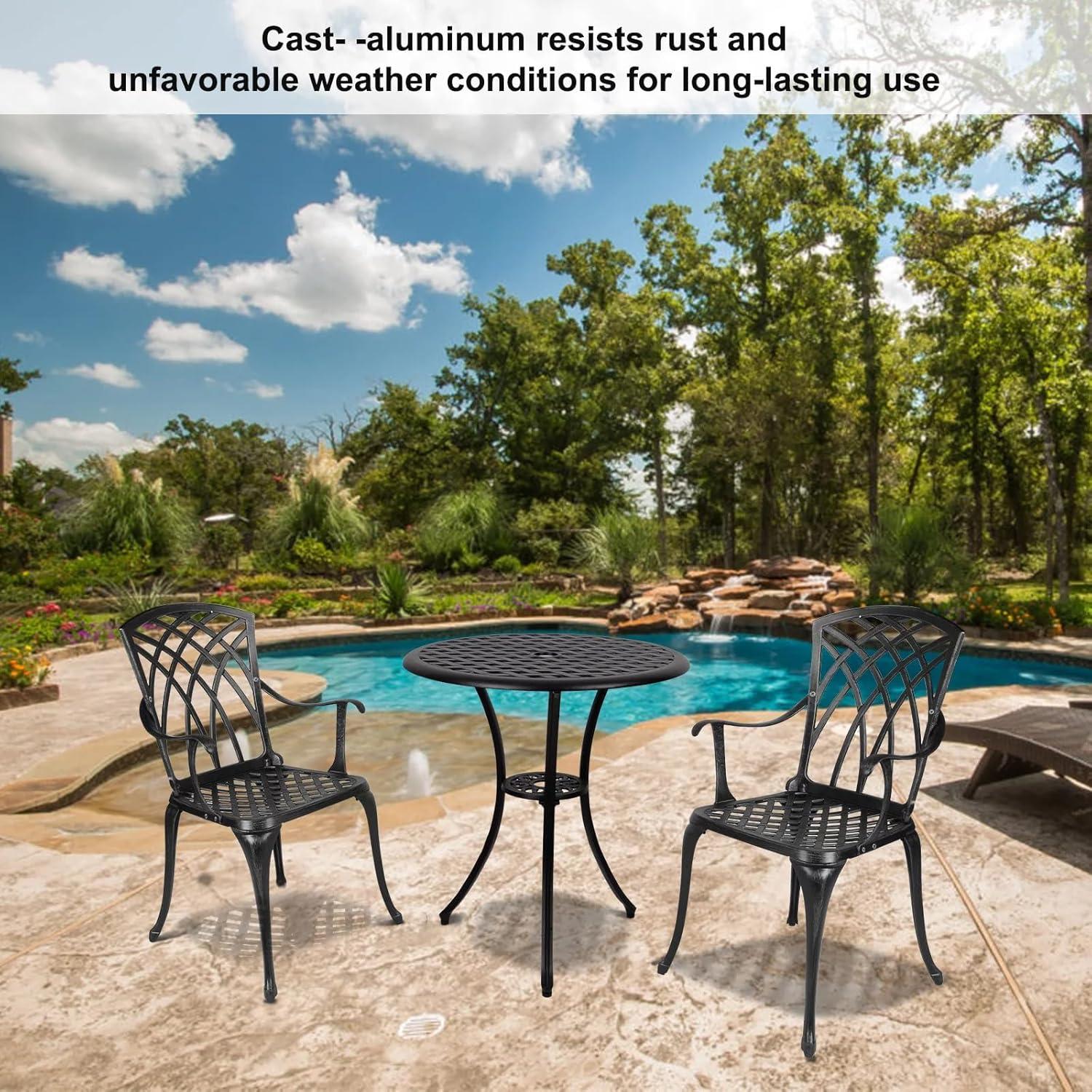 Polar Aurora 3 Piece Cast Aluminum Patio Bistro Set Table Outdoor Round Dining Armchair with Umbrella Hole for Porch, Lawn, Garden, Backyard, Pool, Black