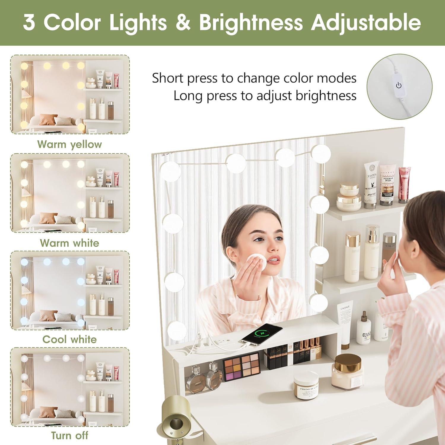 Vabches Small Vanity Desk with Mirror and Lights, Makeup Vanity with Storage Chair & Power Strip,Girl Dressing Table Set with Drawer for Bedroom,3 Lighting Modes,Brightness Adjustable,White