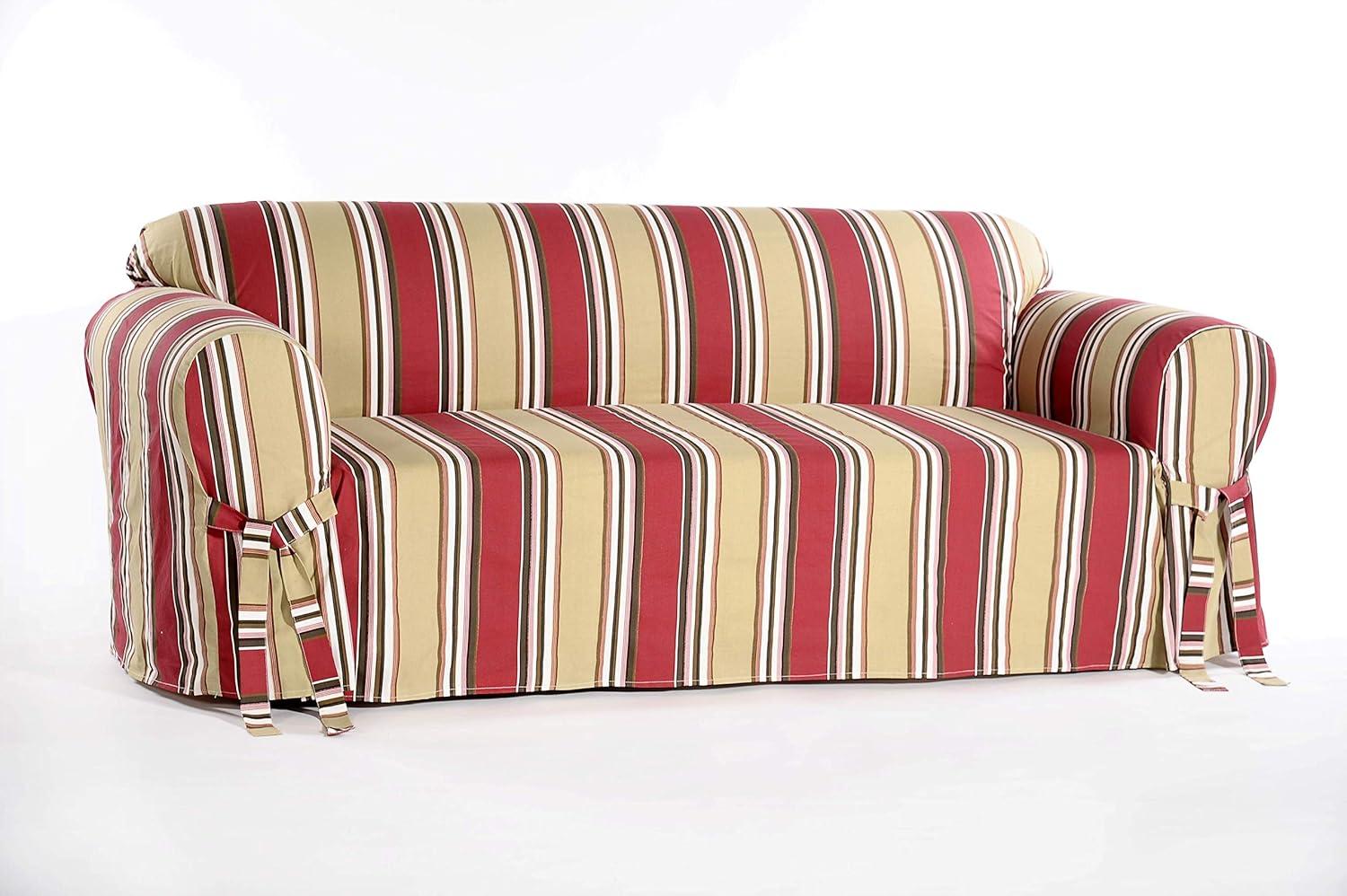 Red and Beige Striped Cotton Loveseat Slipcover