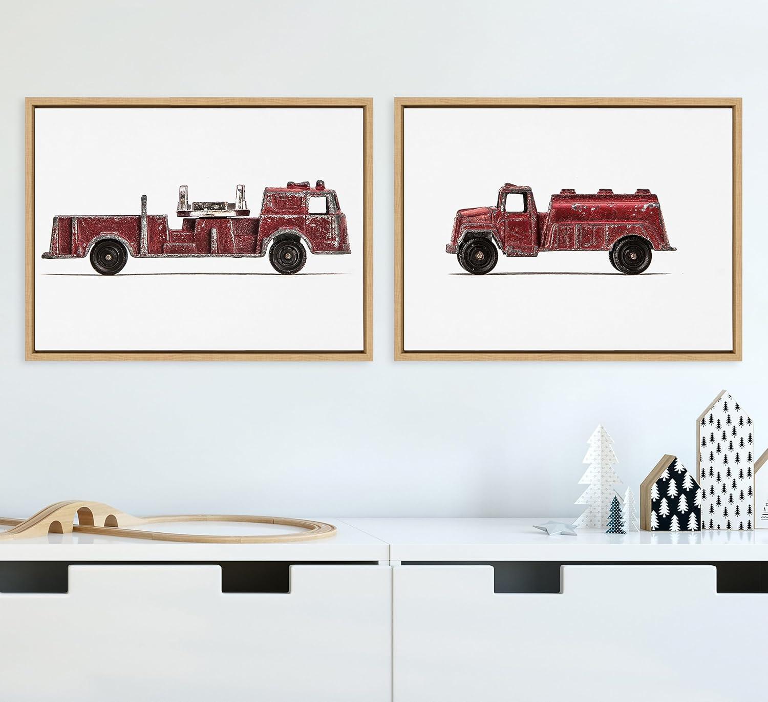 Kate and Laurel Sylvie Red Vintage Toy Fire Engine and Red Vintage Toy Water Truck Framed Canvas Wall Art Set by Saint and Sailor Studios, 2 Piece 18x24 Natural, Retro Kid Vehicle Art for Wall