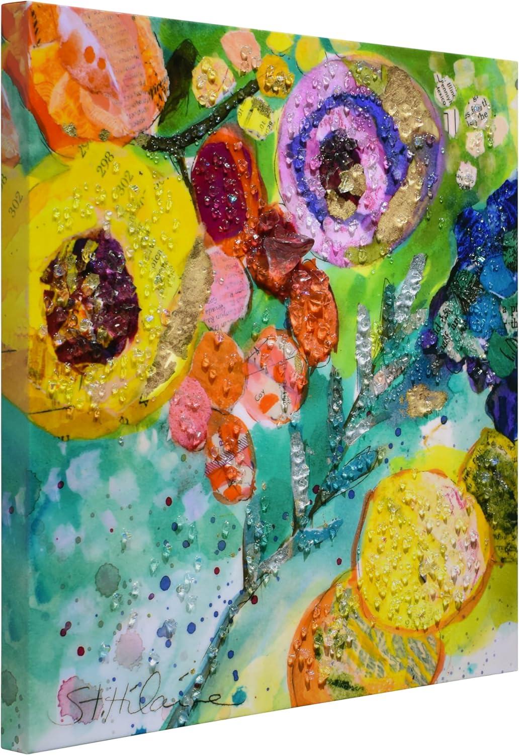 "Floral Radiance II" Crystallus Epoxy Coated Wrapped Glossy Canvas Wall Art with Heavy Acrylic Crystal Shards Embellishments