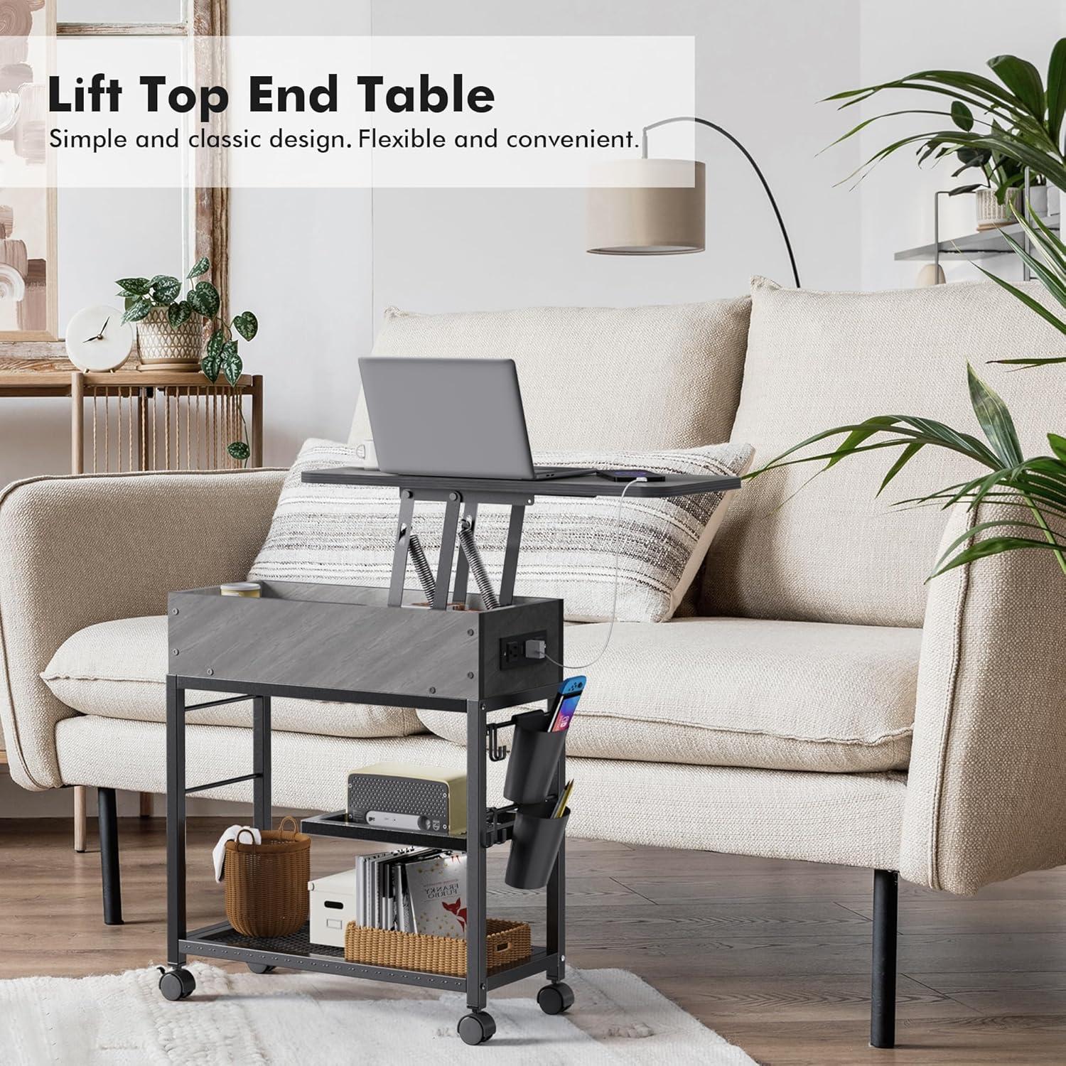 Colima Lift Top End Table with Charging Station and Wheels, Sofa Side Table with USB Port & AC Outlets, Movable Bedside Nightstand with Side Bag for Office Living Room Bedroom(Gray)