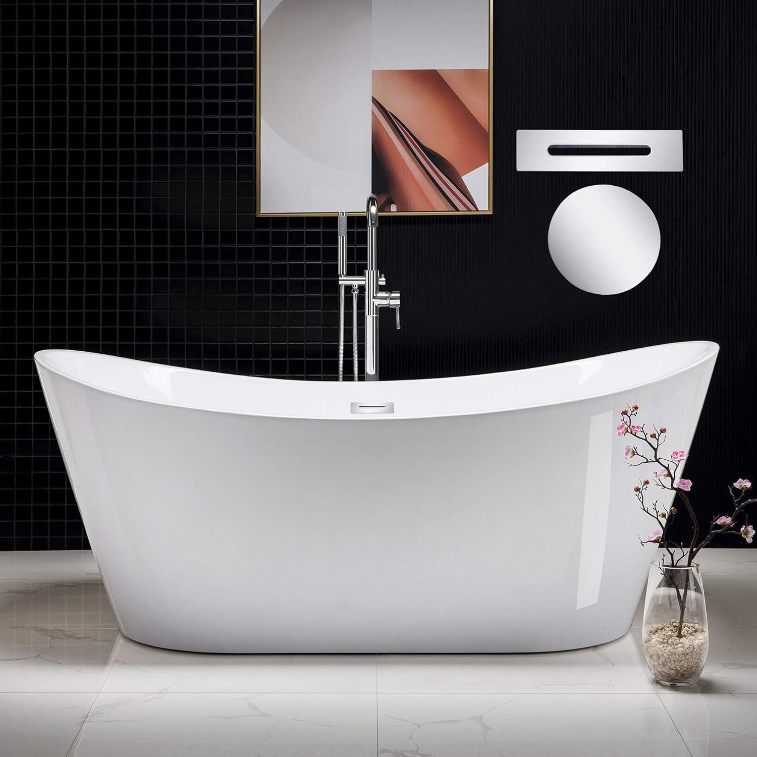 71" White Freestanding Acrylic Bathtub with Chrome Drain