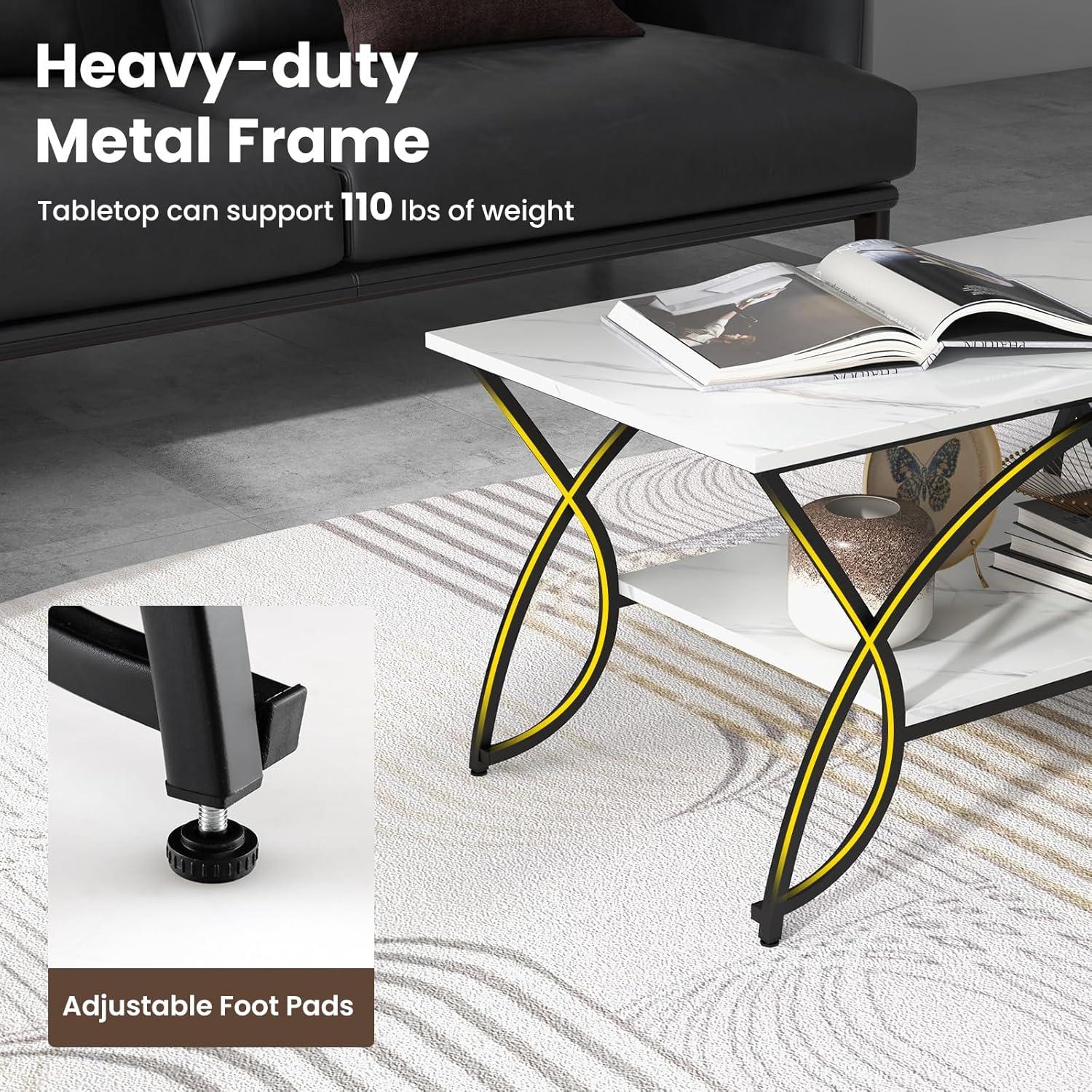 Kepooman Coffee Table,Center Table, Modern Sofa Table Tea Table,2-Tier Faux Marble Coffee Table with Marble Top and Metal Frame-Black & White