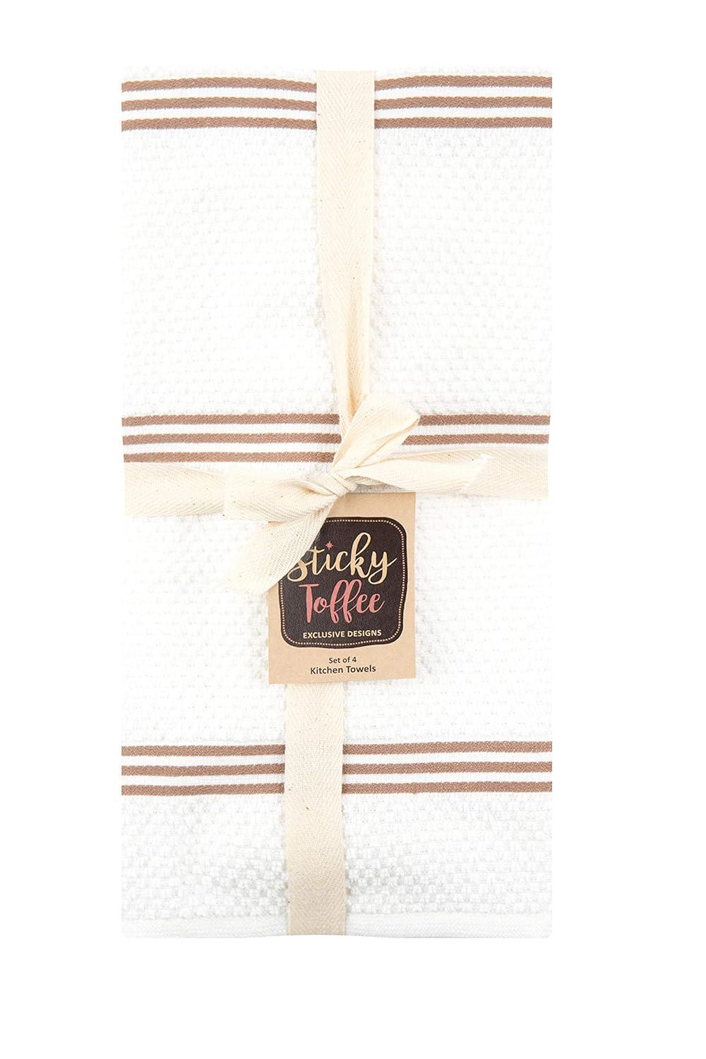 Sticky Toffee Kitchen Towels Dish Towels 100% Cotton, Set of 4, Brown and White Hand Towels, Tea Towels, Reusable Absorbent Cleaning Cloths, 28 in x 16 in