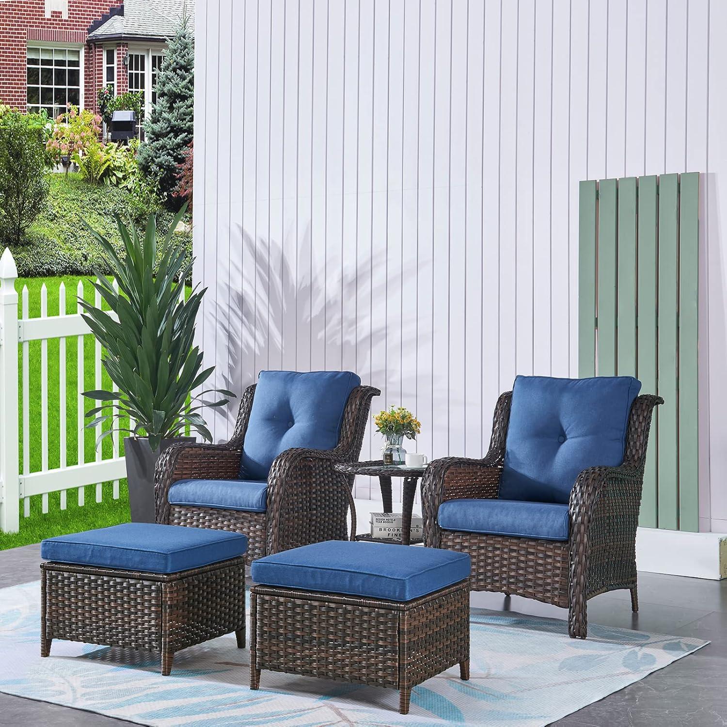 PARKWELL Outdoor Wicker Patio Chairs Set of 2,Lounge Chairs with Cushions for Porch Balcony Backyard,Brown Wicker and Blue Cushions