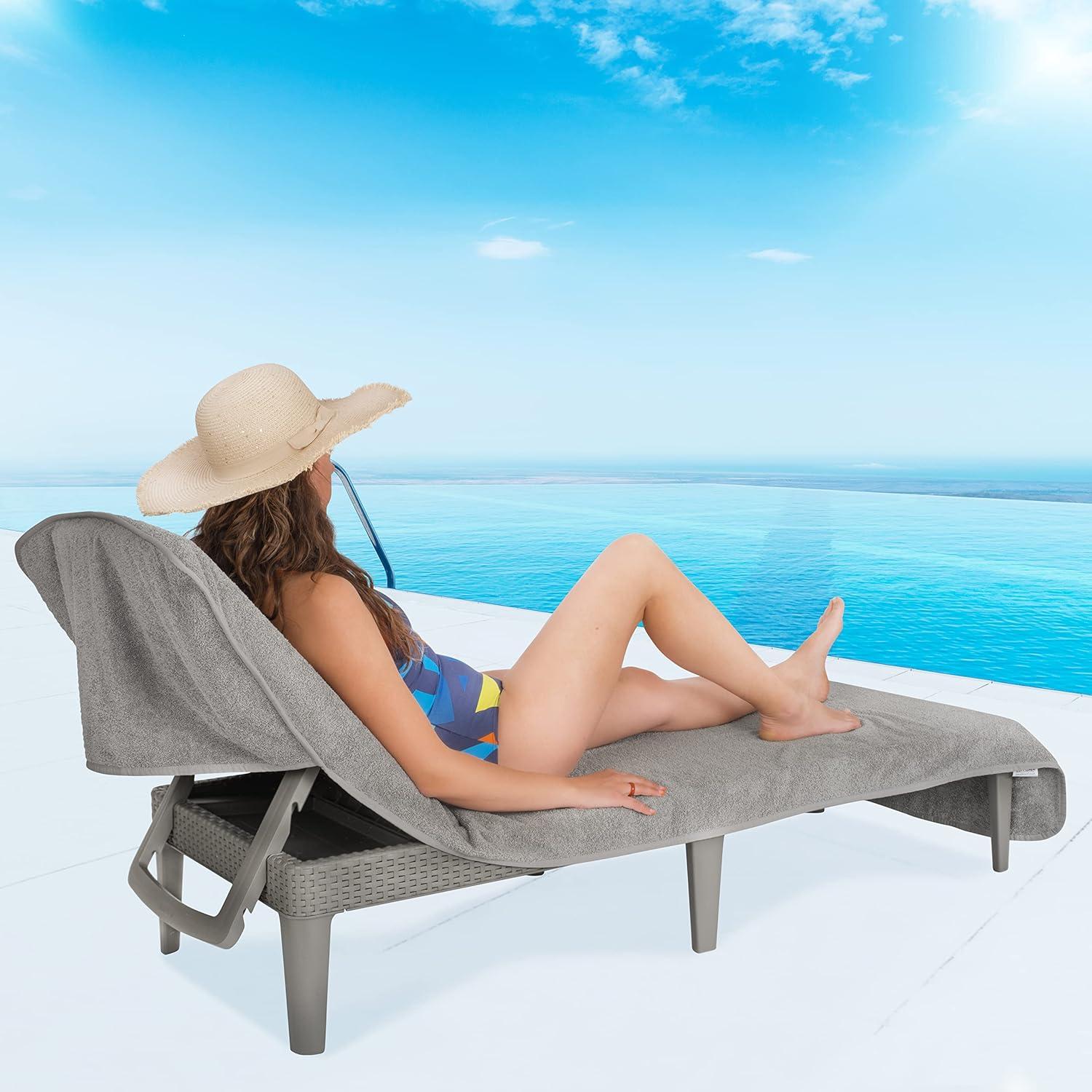 American Soft Linen Chaise Lounge Covers with Pocket, 86"x32" Oversized Pool Chair Lounge Towel, Rockridge Gray