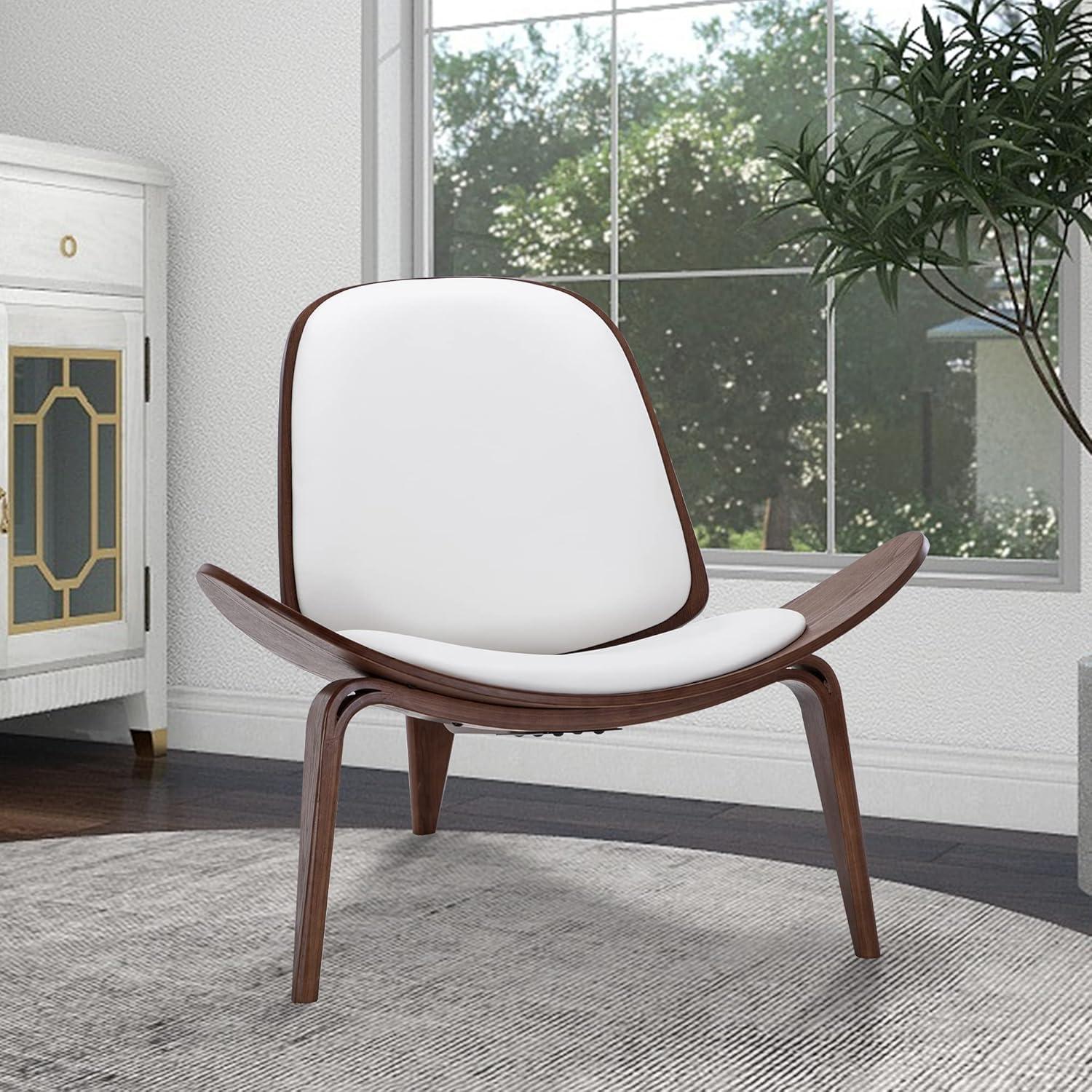 Ergonomic High Backrest Faux Leather Accent Chair with Walnut Wood Legs