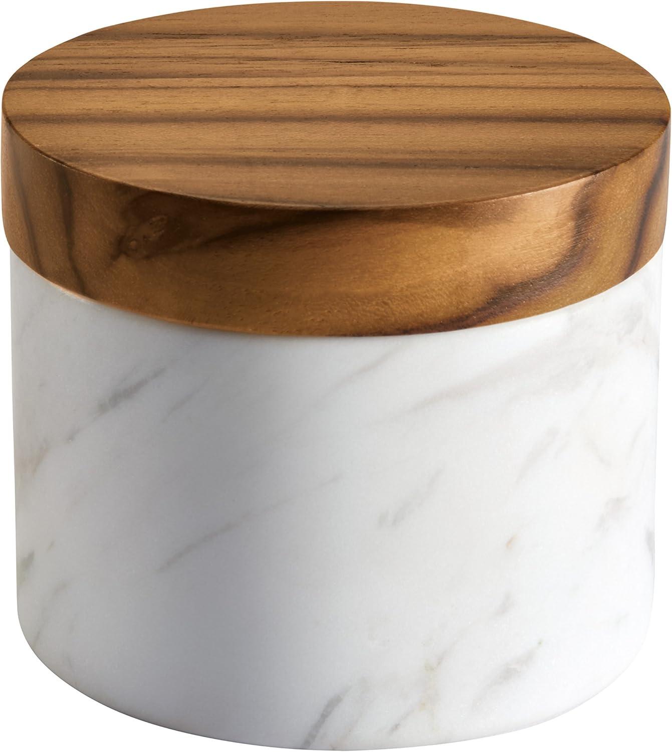 White Marble Salt Cellar with Teak Lid, 5.25 Ounce