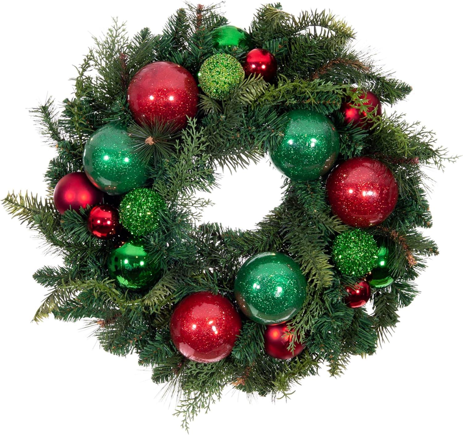 24-Inch Pre-Lit Pine Christmas Wreath with Red and Green Ornaments