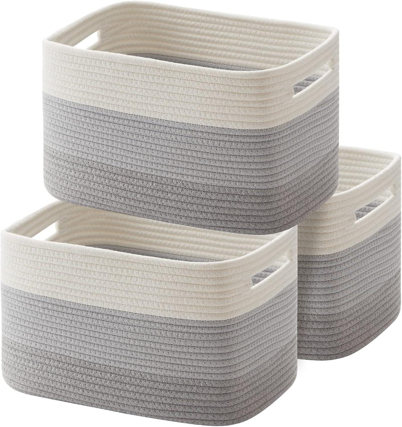 Gray and White Cotton Rope Storage Baskets with Handles, Set of 3