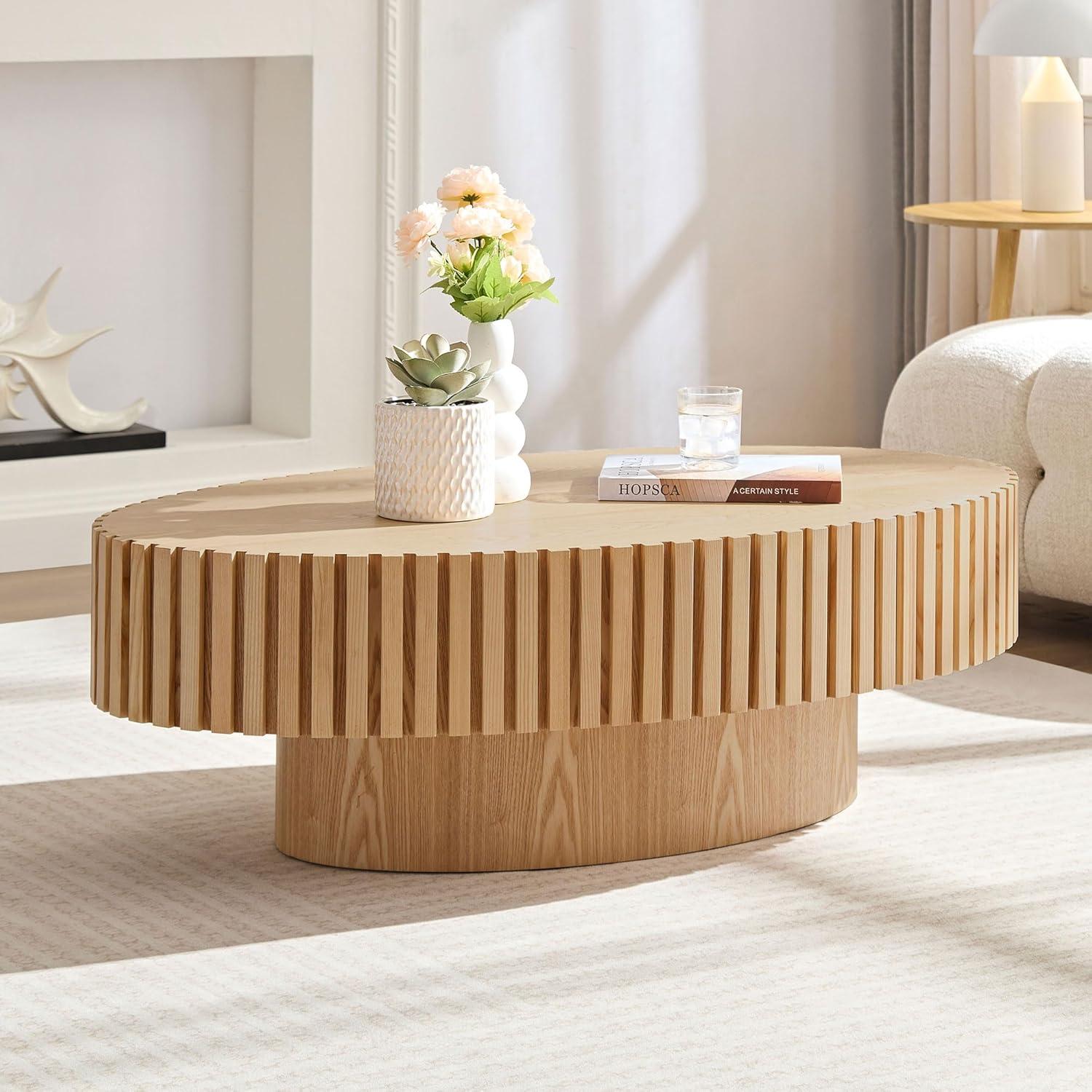 Natural Ash Wood Drum Coffee Table with Pedestal Base