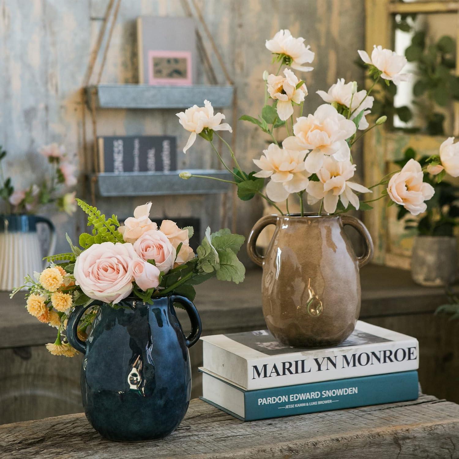 Kimdio Brown Ceramic Vase with 2 Handles, Modern Farmhouse Vase for Home Decor, Vintage Rustic Pottery Vase, Decorative Terracotta Vase, Clay Jug for Living Room Dining Table Shelf