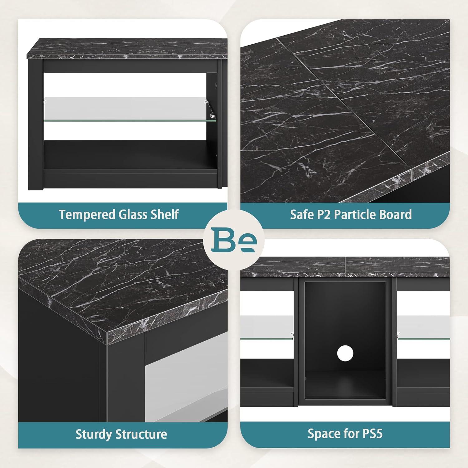 Bestier TV Stand for TVs up to 70" with LED Light, Entertainment Center for PS5 with Shelves, Black Marble