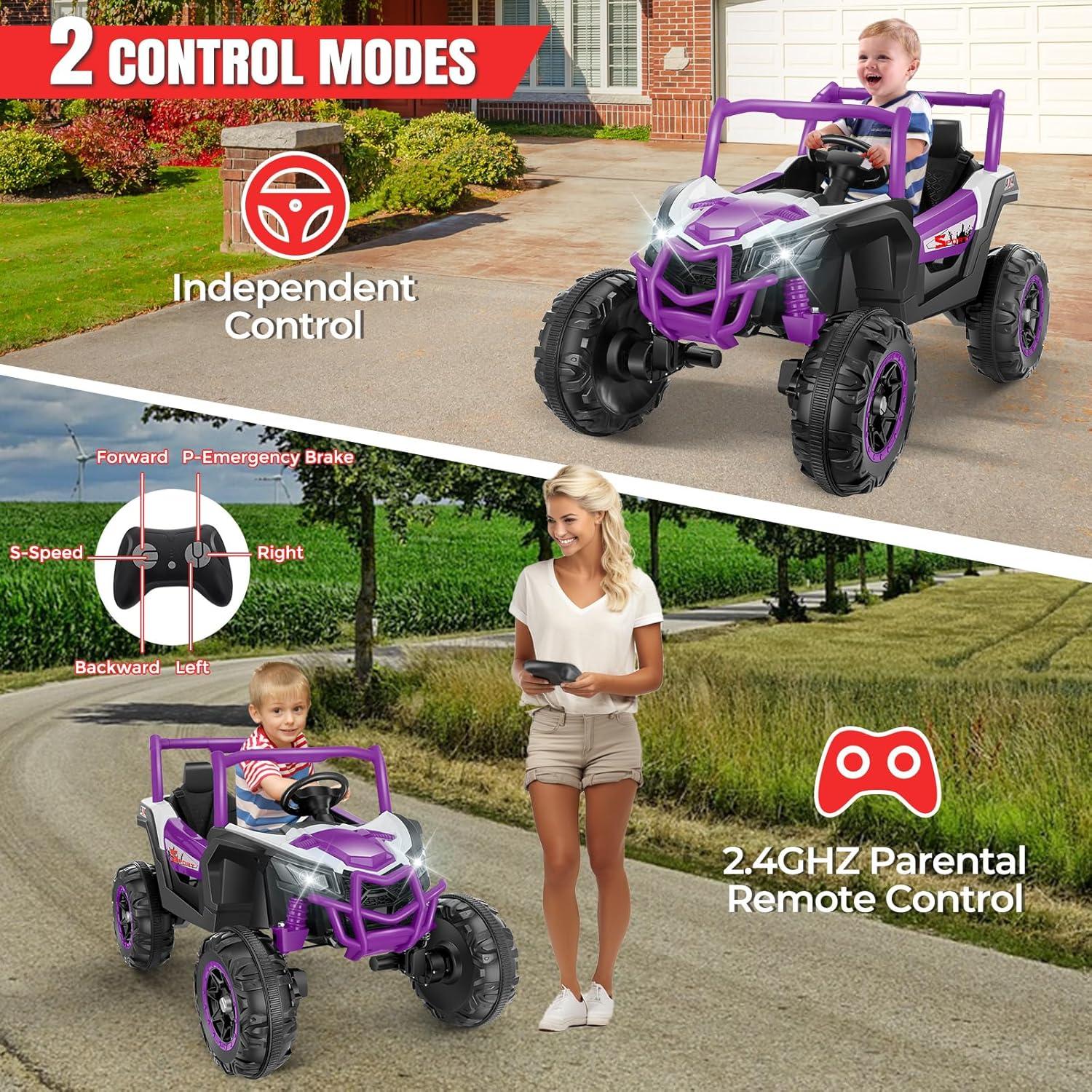 Hikole 24 Volt Ride On Toys for Big Kids, 2 Seater Electric Truck Car Side by Side Electric Vehicle with Music, Bluetooth, 3 Speeds, Soft Braking, Kids UTV for Boys Girls-Purple