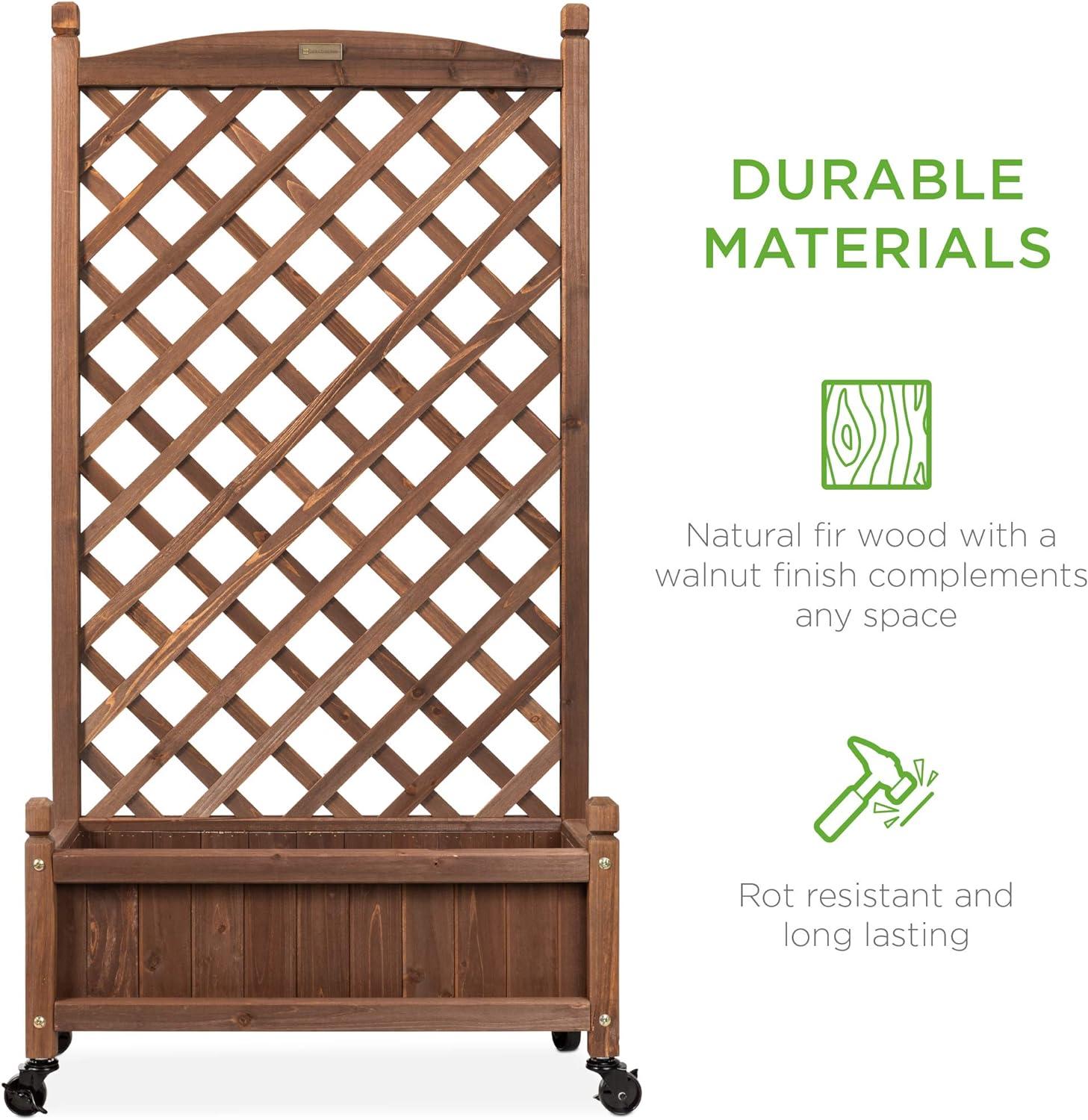 Walnut Finish Mobile Wood Planter Box with Diamond Lattice Trellis - 48"