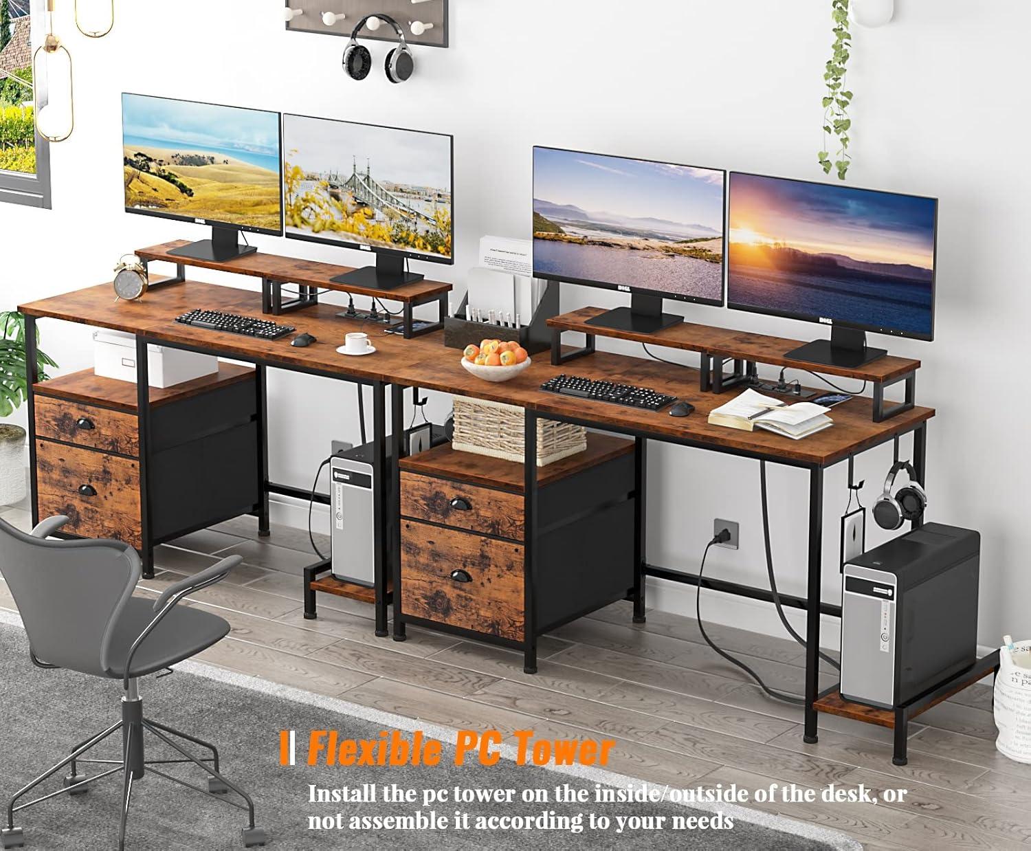 Rustic Brown Computer Desk with Drawer and Power Outlets