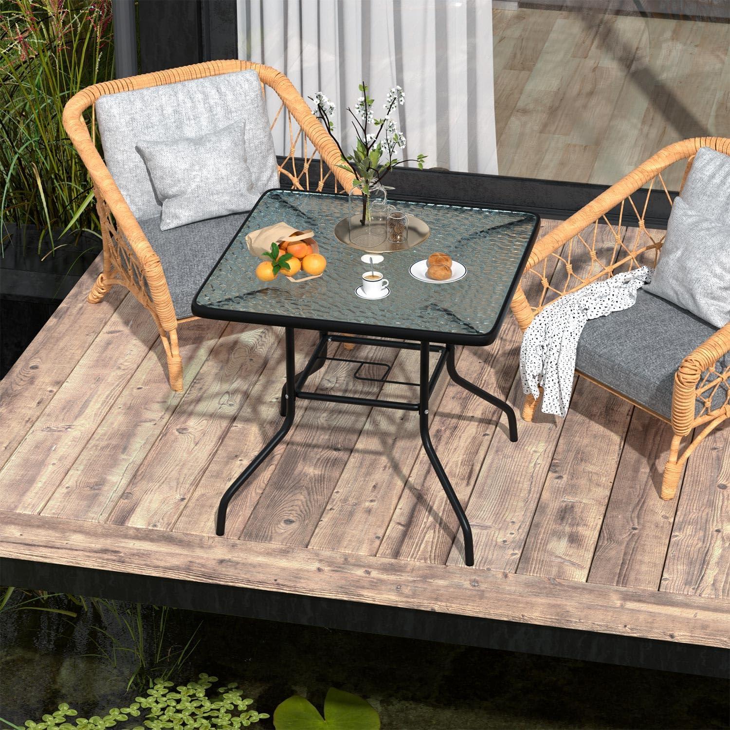 Square Outdoor Table, Patio Table with Umbrella Hole, Patio Dining Table with Tempered Glass, Outdoor Dining Tables, Square Patio Table for Balcony, Backyard, Poolside, Sunroom, Patio Tables, Black