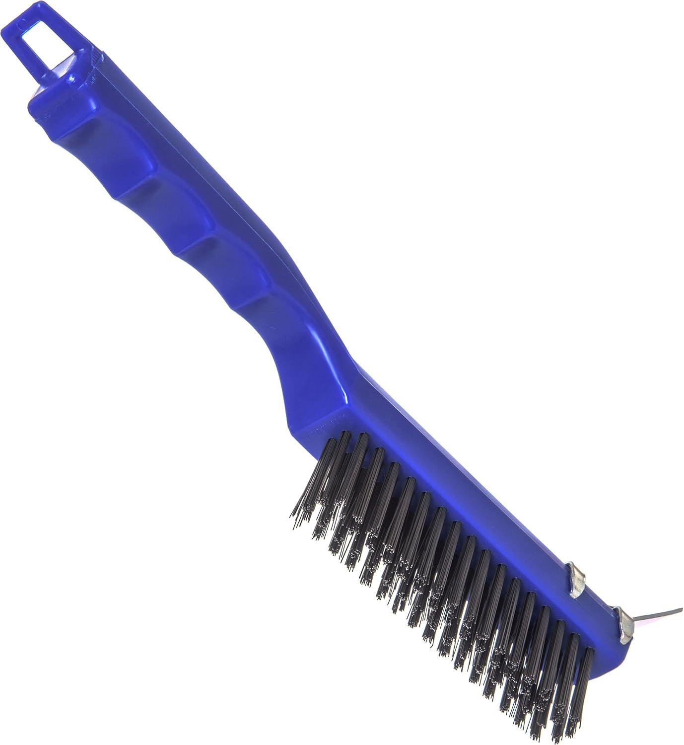 Blue Plastic Grill Brush with Steel Bristles and Scraper