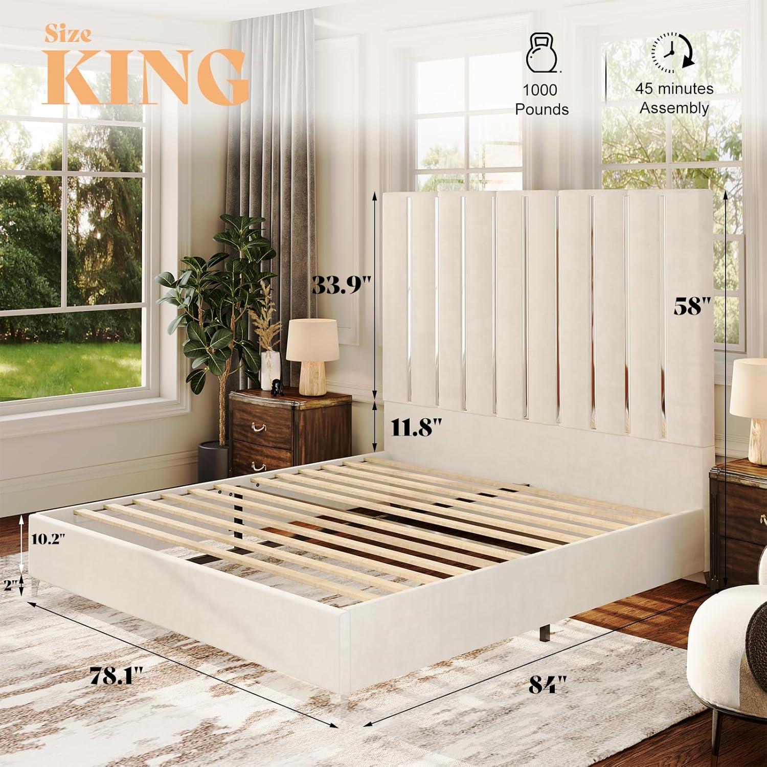 Merluxy King Size Bed Frame with 58" Tall Headboard, Velvet Upholstered Platform Bed with Channel Tufted Wingback Headboard and Plating Trim, Cream