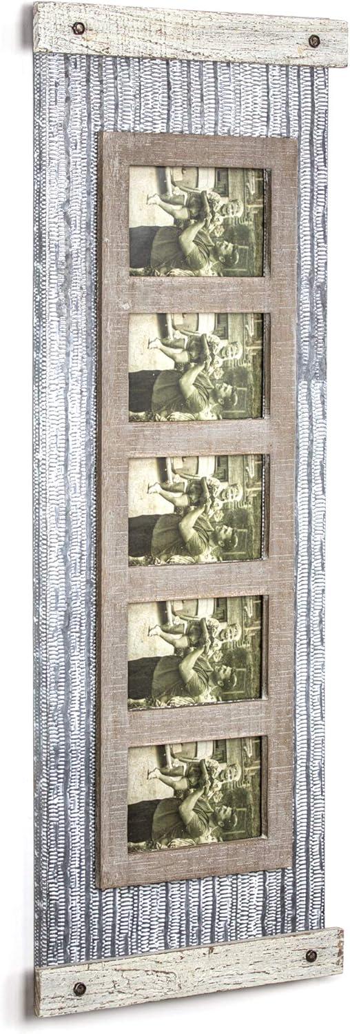 32" x 12" Rustic Wood and Metal Hanging 5 Picture Photo Frame Wall Accent - American Art Decor: Collage Display, Keyhole Mount