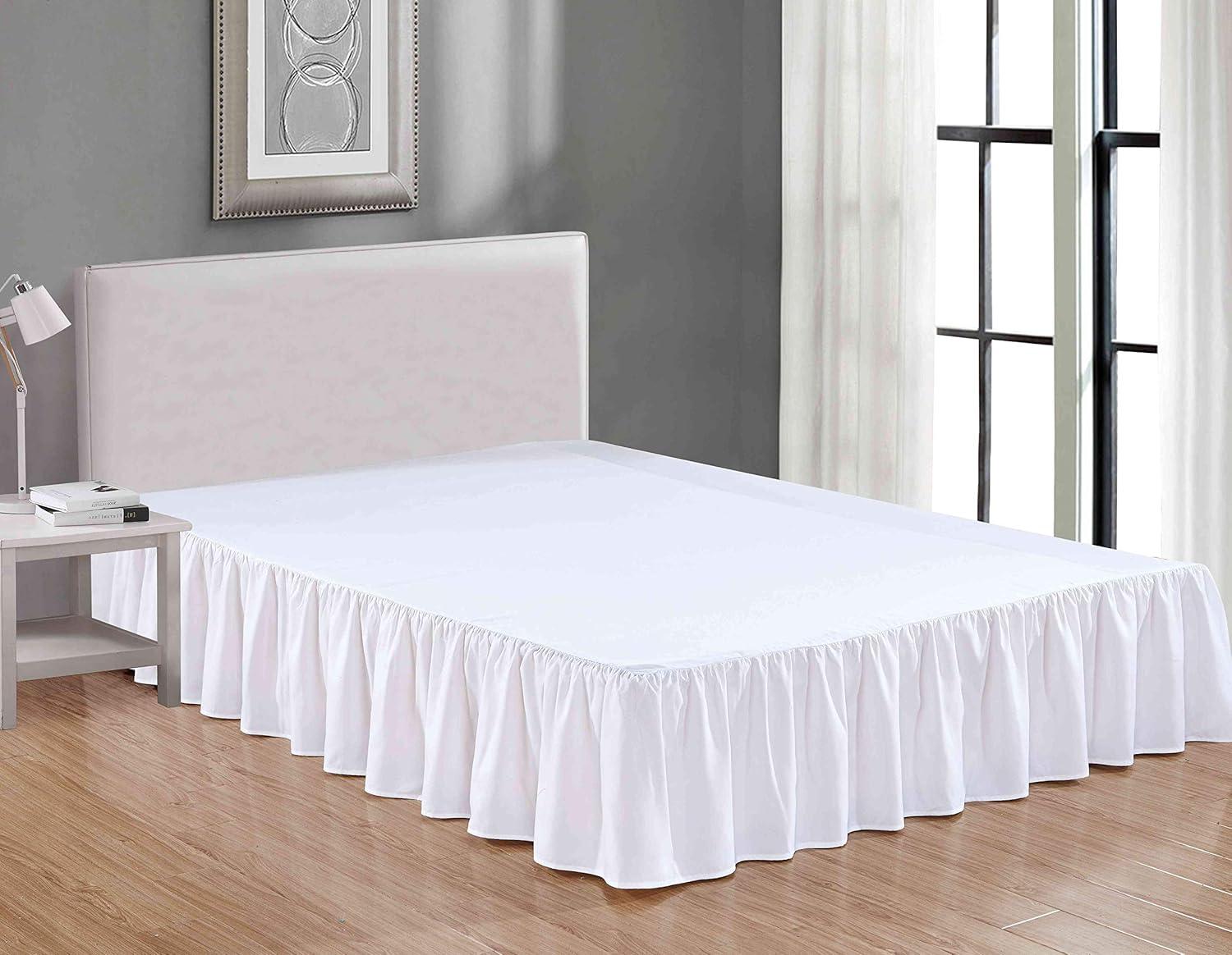 Sheets & Beyond Wrap Around Solid Microfiber Luxury Hotel Quality Fabric Bedroom Gathered Ruffled Bedding Bed Skirt 14 Inch Drop (Full, White)