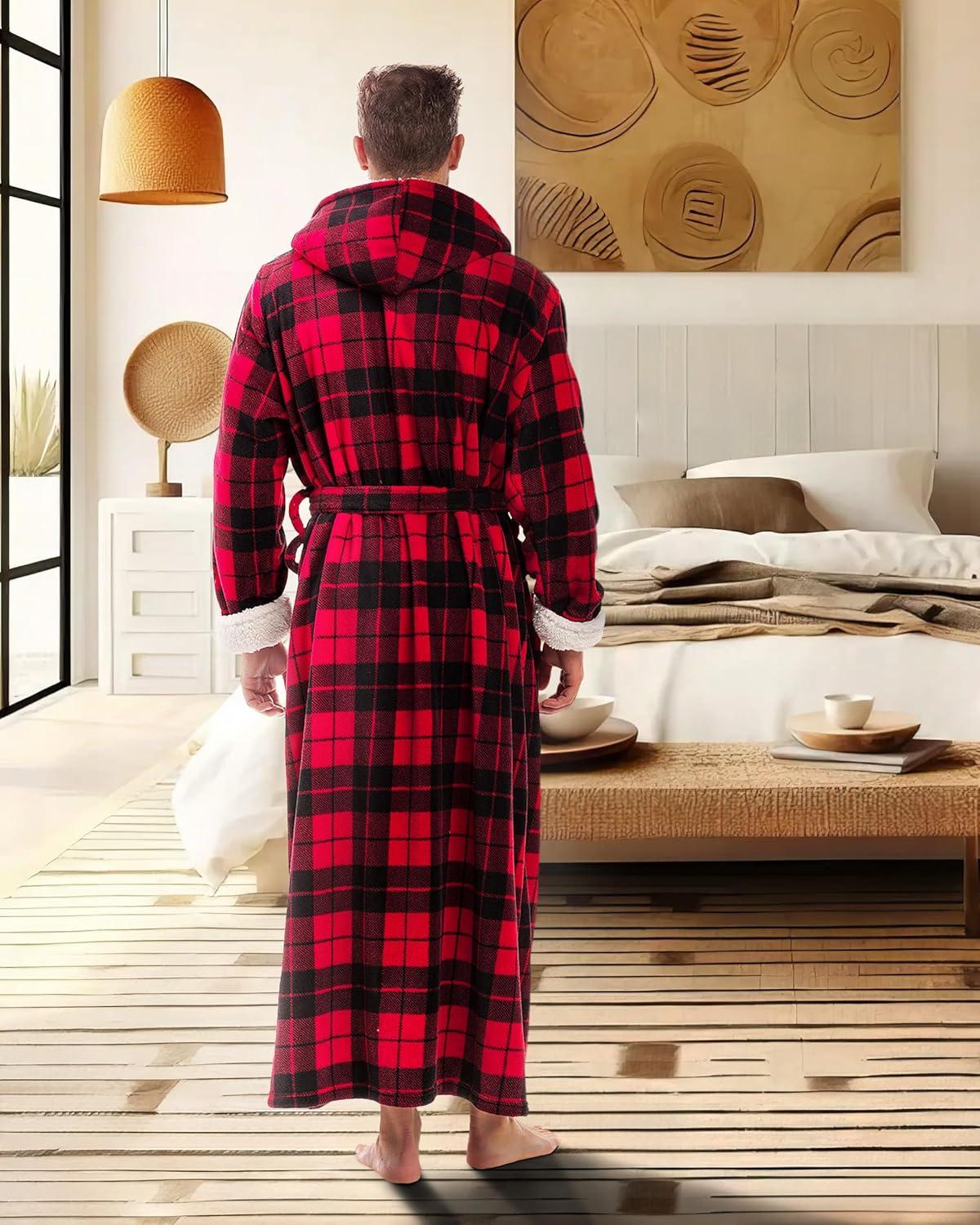 ADR Men's Warm Winter Plush Hooded Bathrobe, Full Length Fleece Robe with Hood Red Black Plaid with Cream Medium