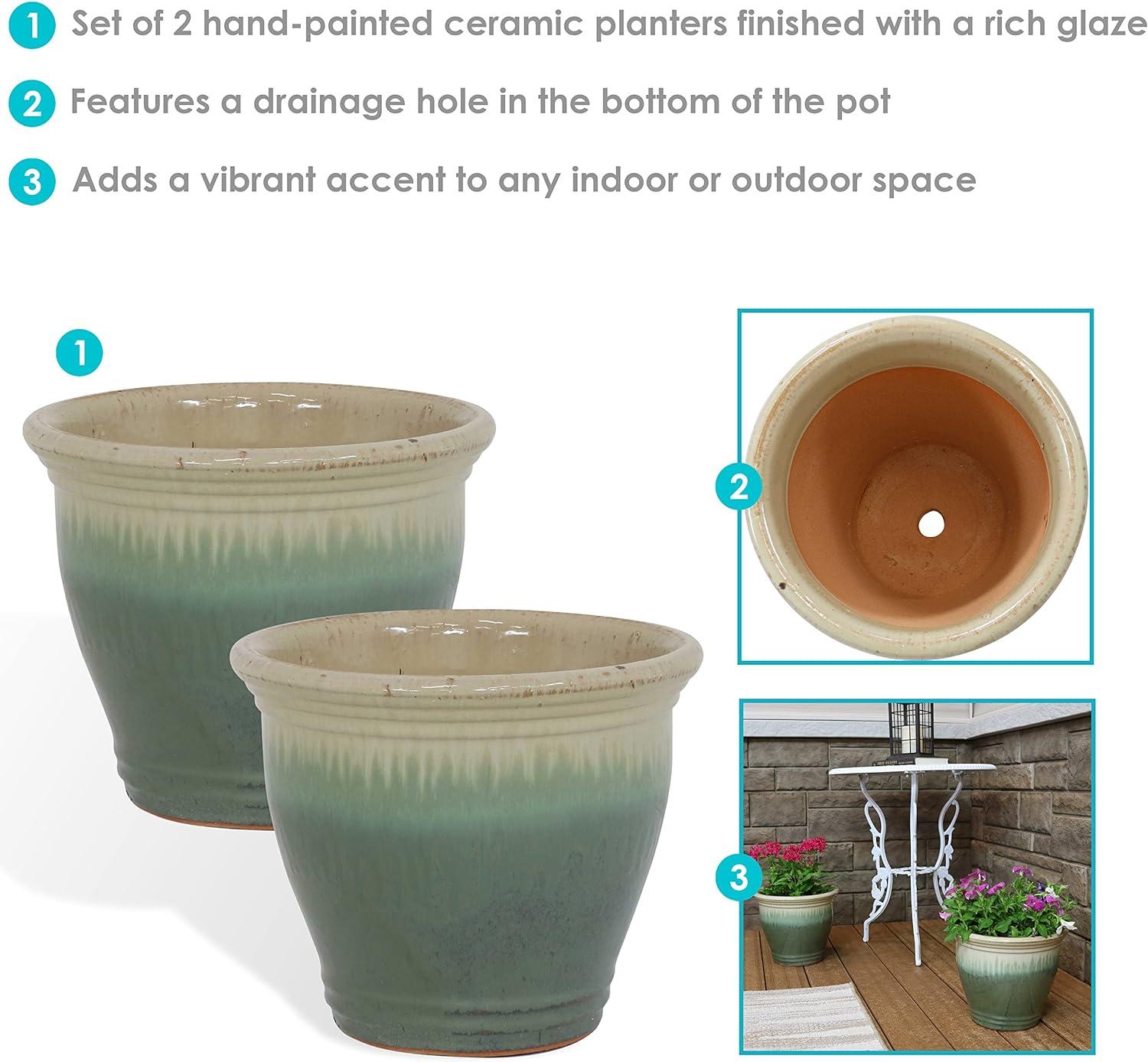 Sunnydaze Studio Outdoor/Indoor High-Fired Glazed UV- and Frost-Resistant Ceramic Planters with Drainage Holes