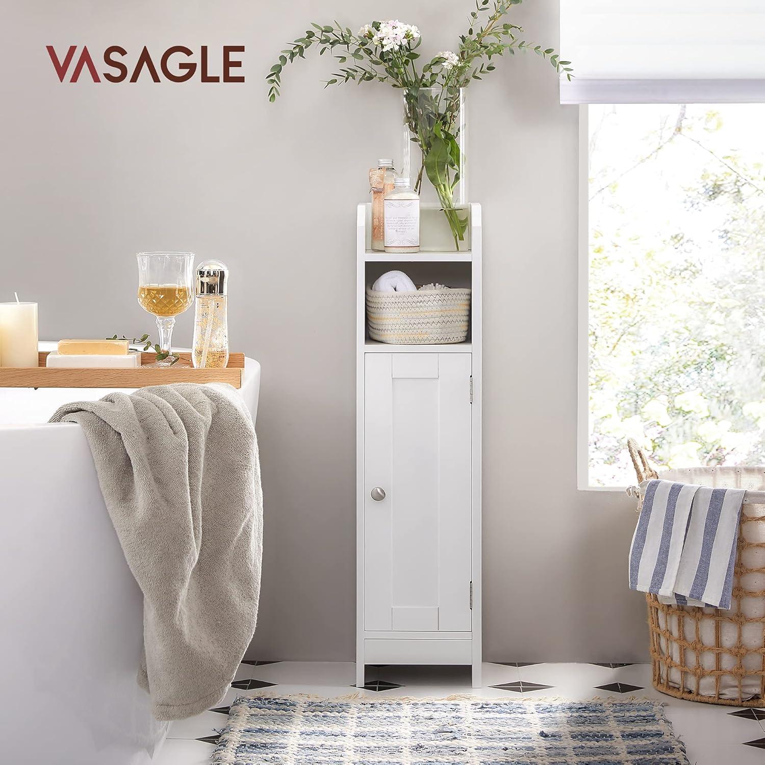 White MDF Narrow Bathroom Storage Cabinet with Adjustable Shelves