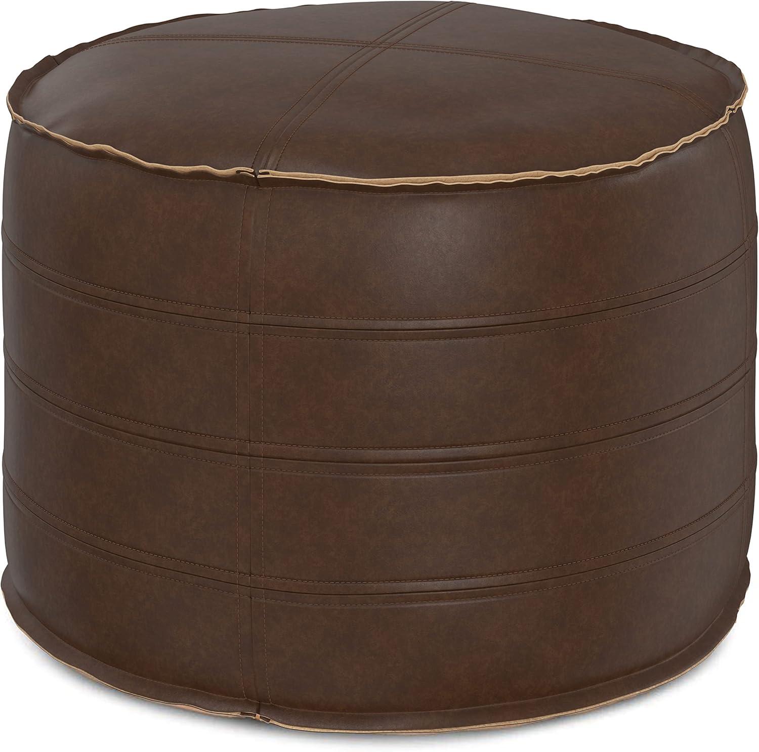 Brody Distressed Dark Brown Faux Leather Round Pouf, 20"