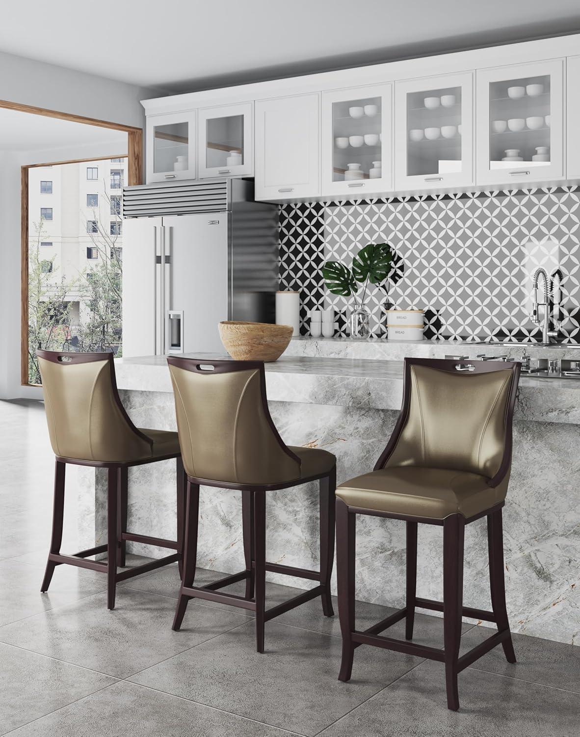 Set of 2 Emperor Upholstered Beech Wood Faux Leather Barstools Bronze - Manhattan Comfort: Semi-Gloss Finish, No Assembly Required