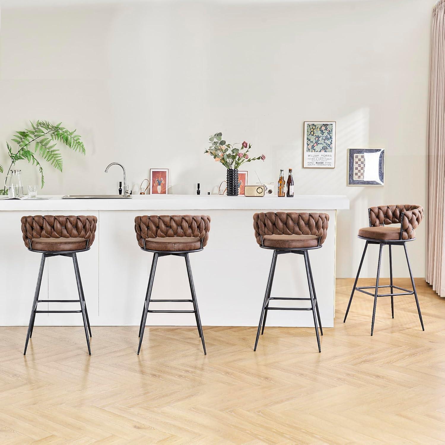 Brown Suede Upholstered 360° Swivel Bar Stools with Woven Backrest