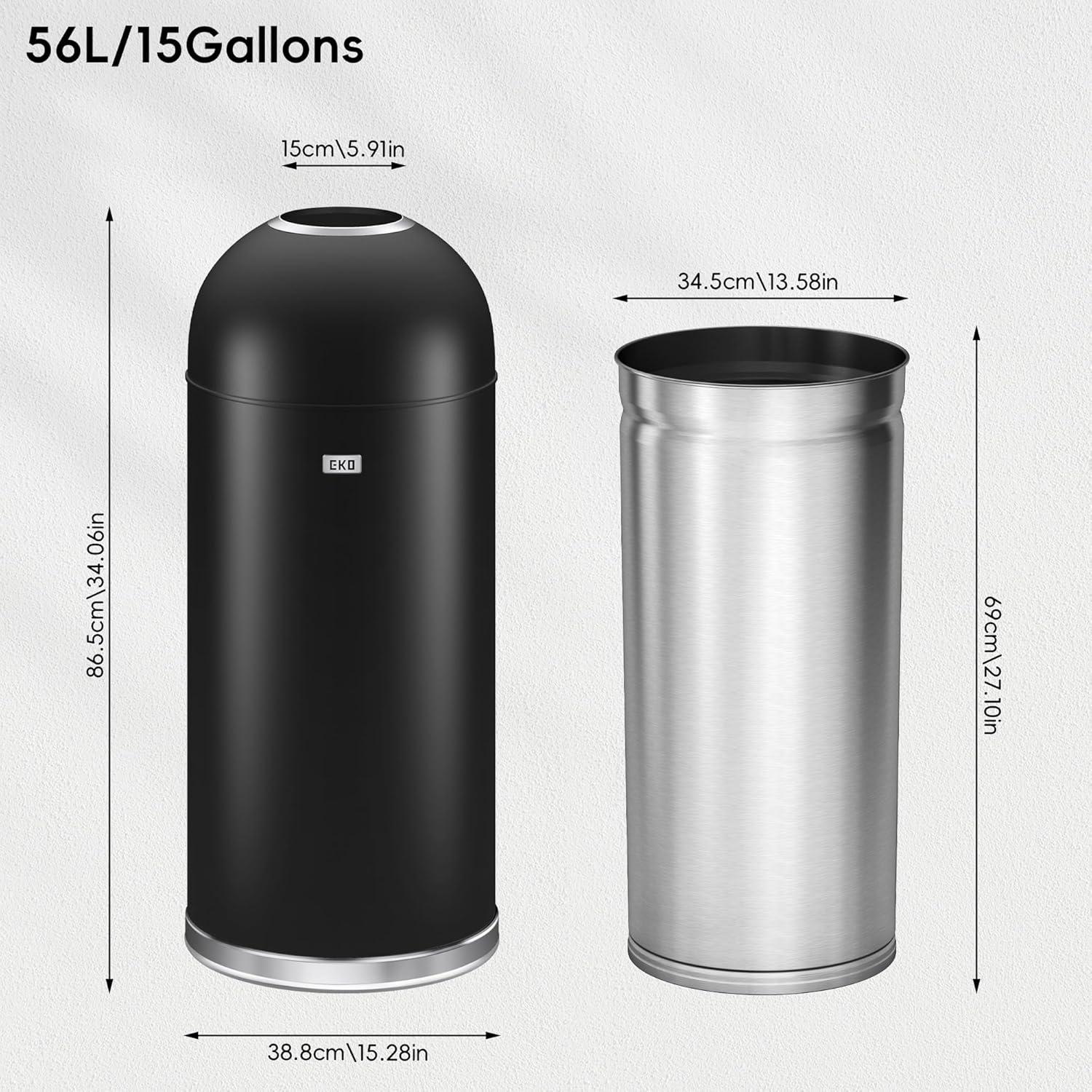 EKO 56L Eternal Black Open Top: Stainless Steel Indoor Trash Can, 13 Gallon Capacity, Spot Clean, 15.3" Width