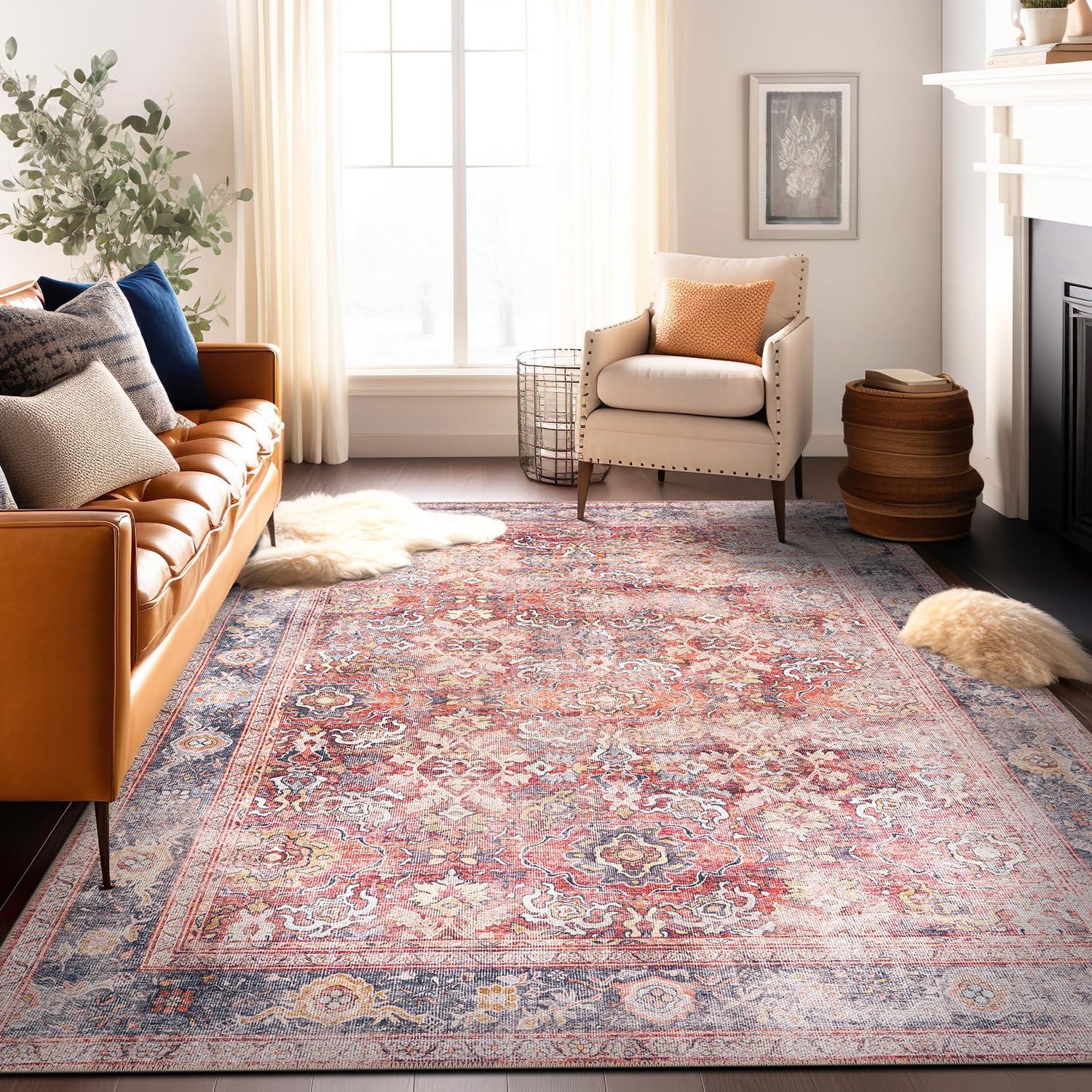 SAFAVIEH Serapi Doncho Traditional Machine Washable Area Rug, Red/Navy, 10' x 14'